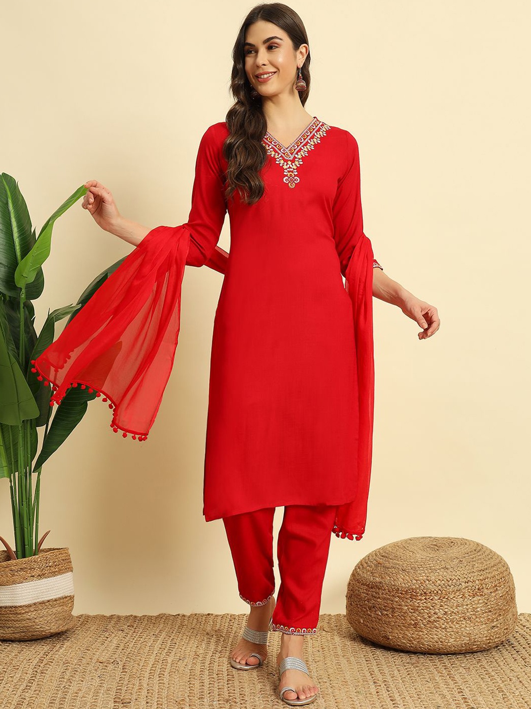 

V.S.Creation Floral Embroidered V-Neck Straight Kurta With Trousers And Dupatta, Red