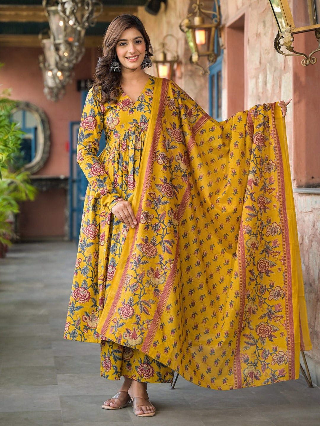 

V.S.Creation Floral Printed V-Neck Anarkali Pure Cotton Kurta With Palazzo And Dupatta, Yellow