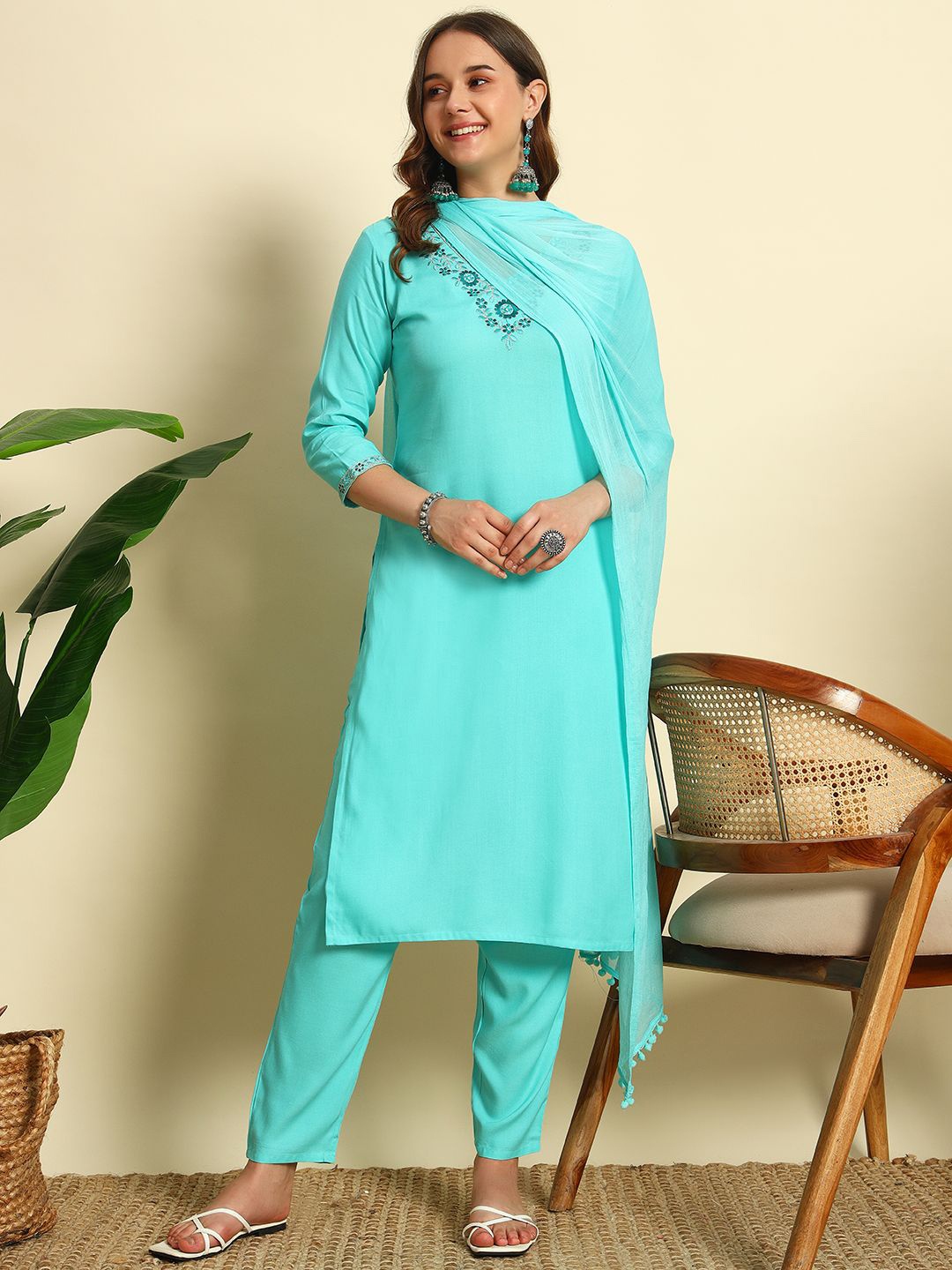 

V.S.Creation Floral Embroidered V-Neck Straight Kurta With Trousers And Dupatta, Turquoise blue
