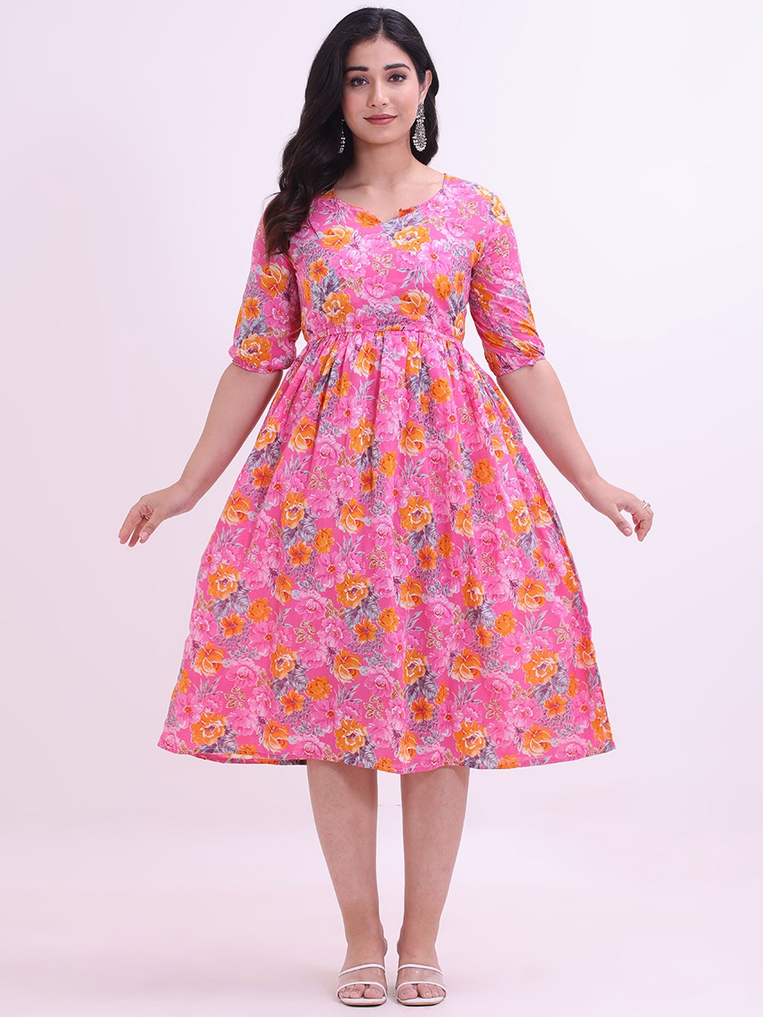 

Intizer Floral Printed Notch-Neck Cotton Ethnic Dresses, Pink
