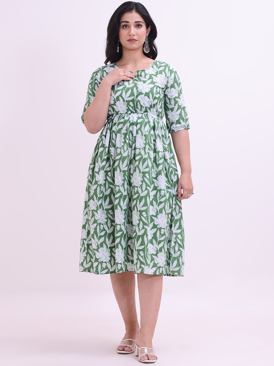 

Intizer Women Floral Printed Notch-Neck Cotton Ethnic Dresses, Green