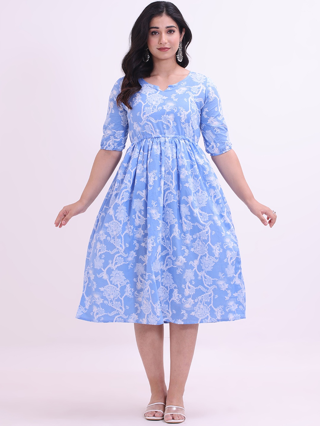 

Intizer Floral Printed Notch-Neck Ethnic Cotton Dresses, Blue