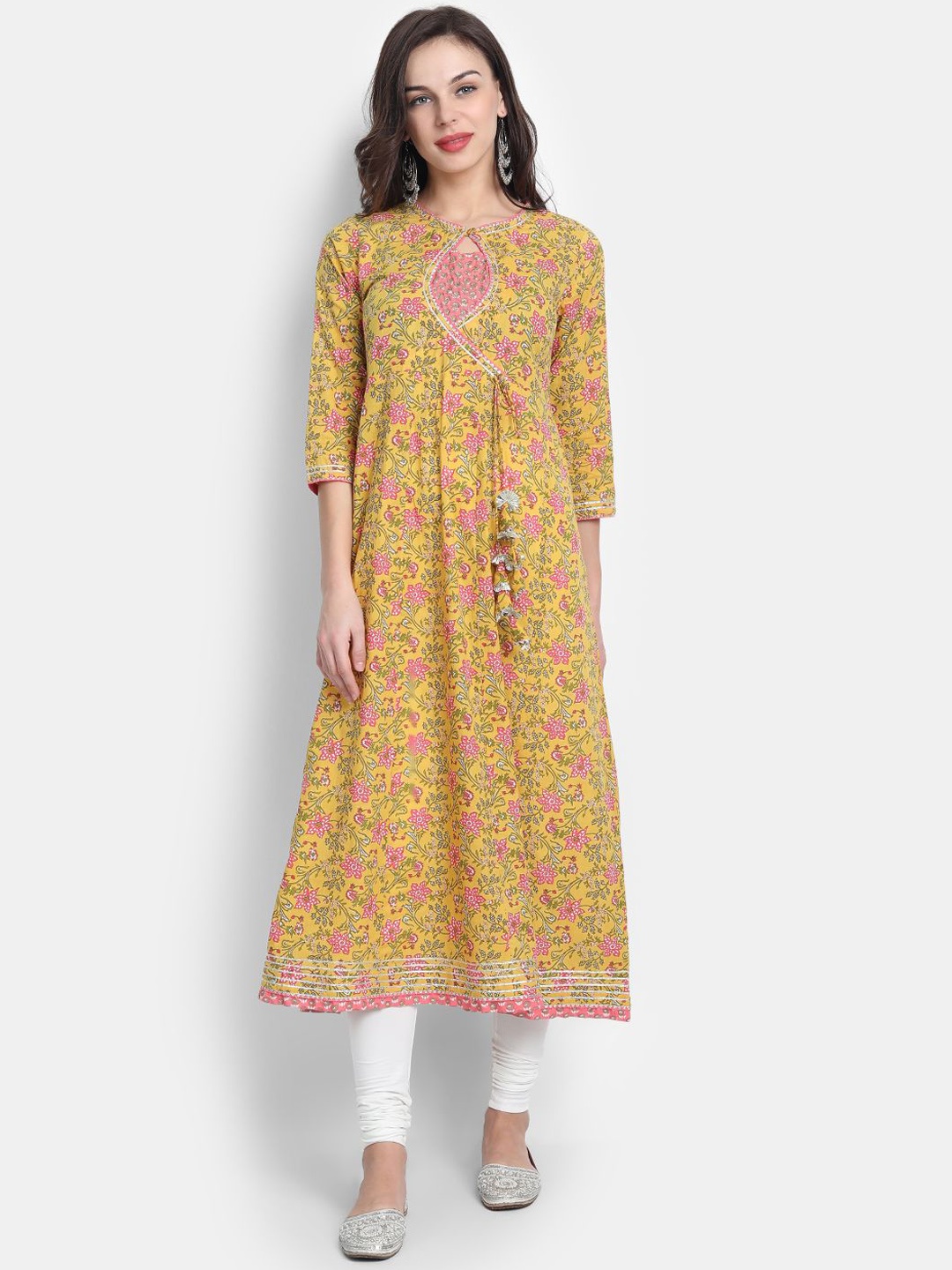 

KUMARI Floral Printed Angrakha Gotta Patti Pure Cotton Anarkali Kurta, Yellow