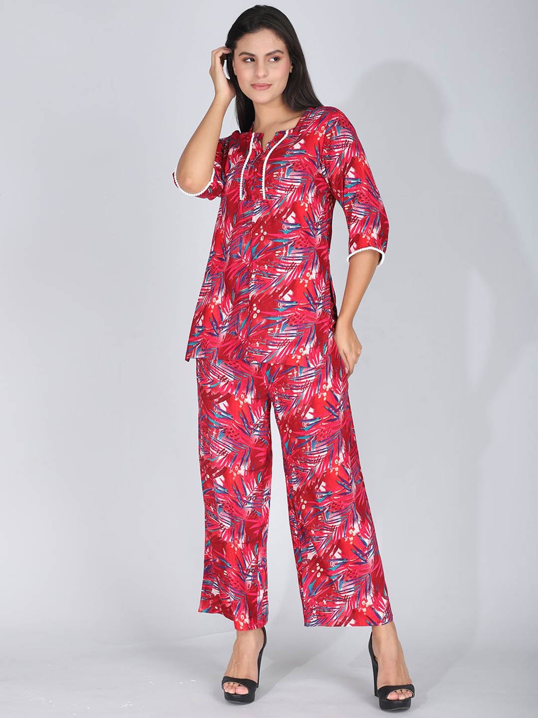 

FIMS Printed Round Neck Tunic With Palazzo, Red