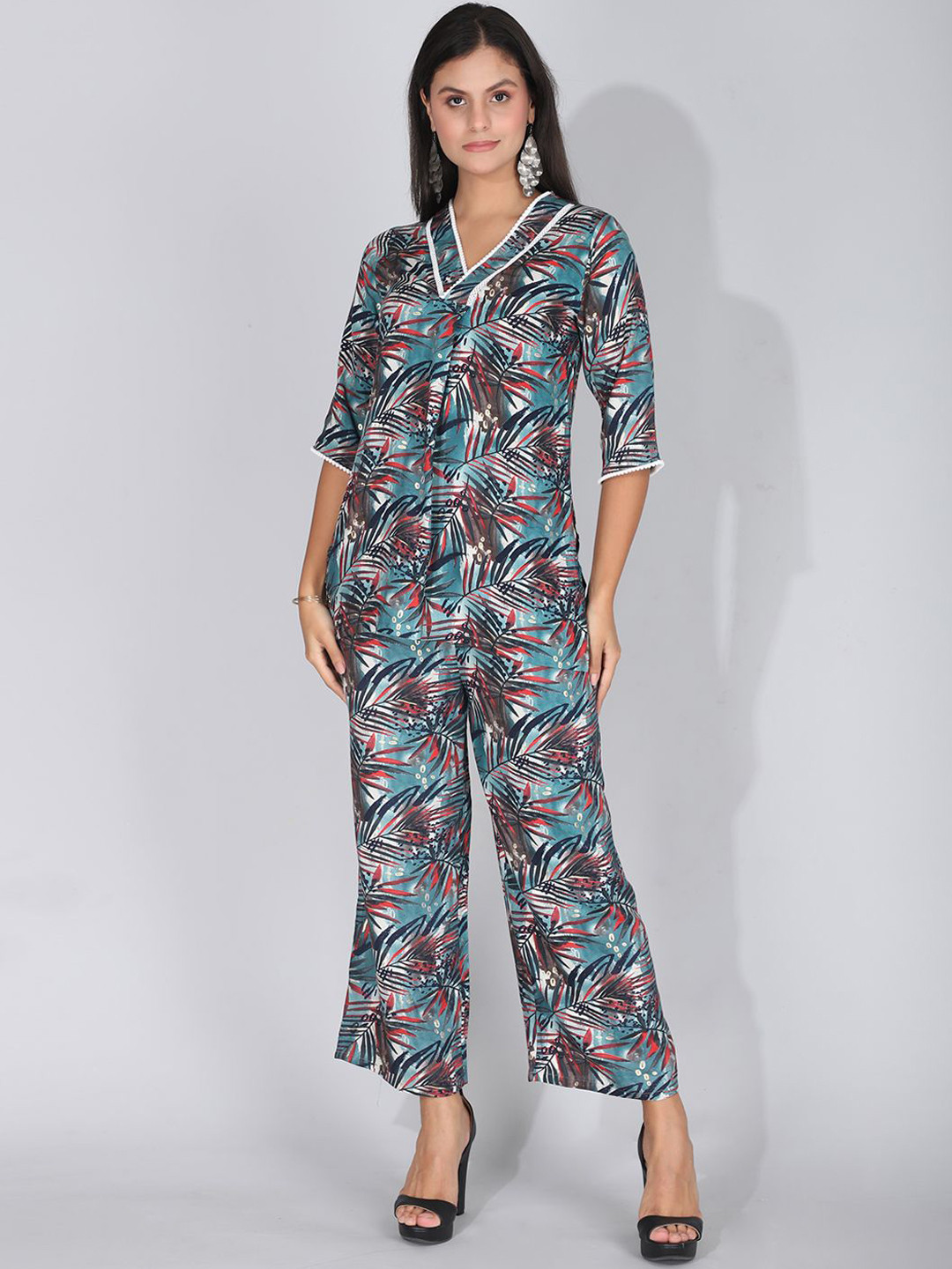 

FIMS Printed V-Neck Tunic With Palazzo, Green