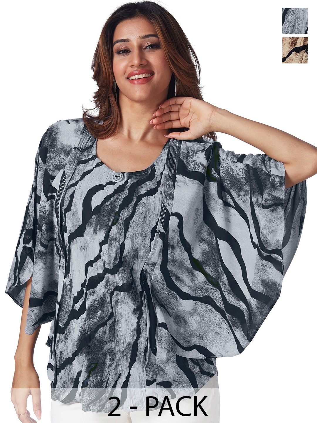 

FREYAA Women Pack Of 2 Printed Kimono Sleeves Top, Brown