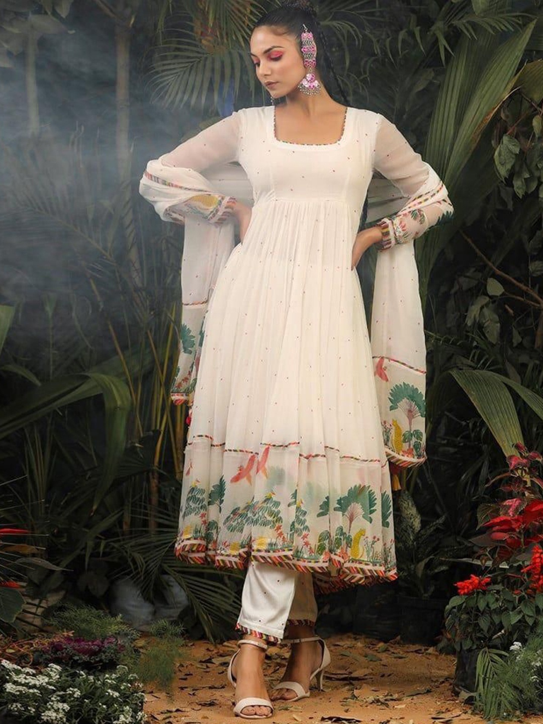 

PARNAVI Isha Printed Square Neck Pleated Georgette Anarkali Kurta With Trouser & Dupatta, White