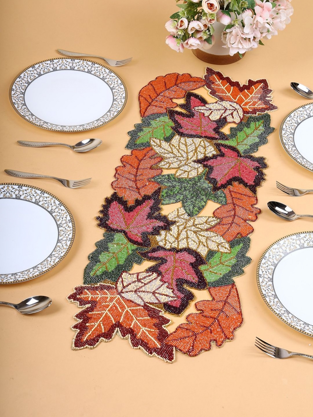 

YWULY Green & Orange Colored Floral Beaded Acrylic Table Runner, Brown