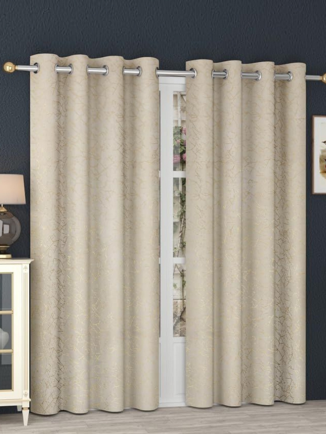 B' Decorlish Beige 2 Pieces Printed Velvet Room Darkening Door Curtains