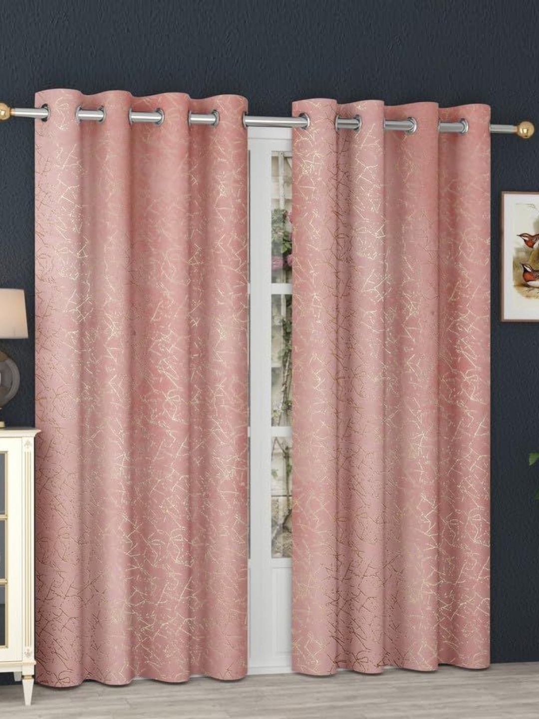 

B' Decorlish Pink & Gold Toned 2 Pieces Printed Velvet Room Darkening Door Curtains