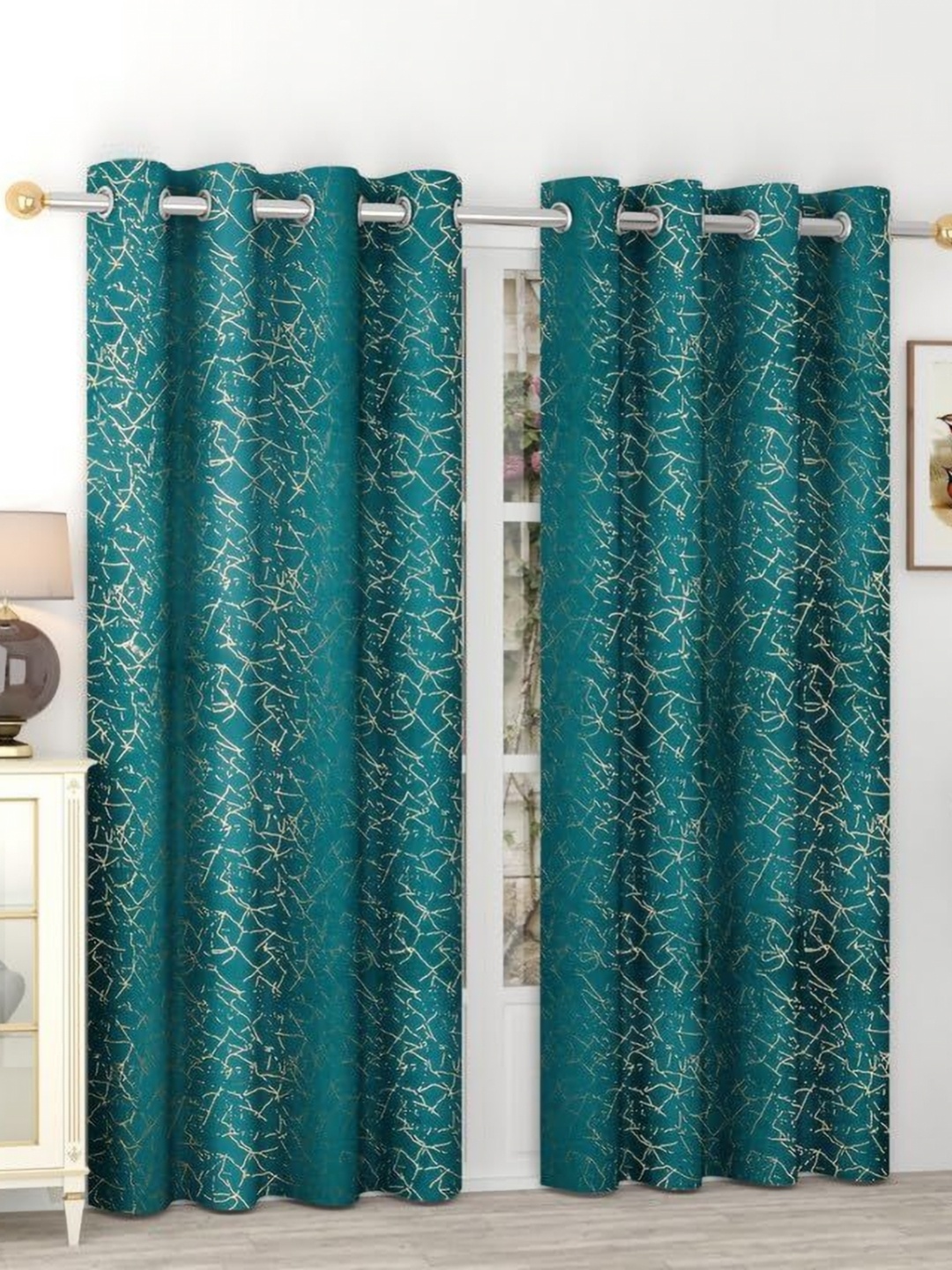 B' Decorlish Teal & Gold Toned 2 Pieces Printed Velvet Room Darkening Door Curtains