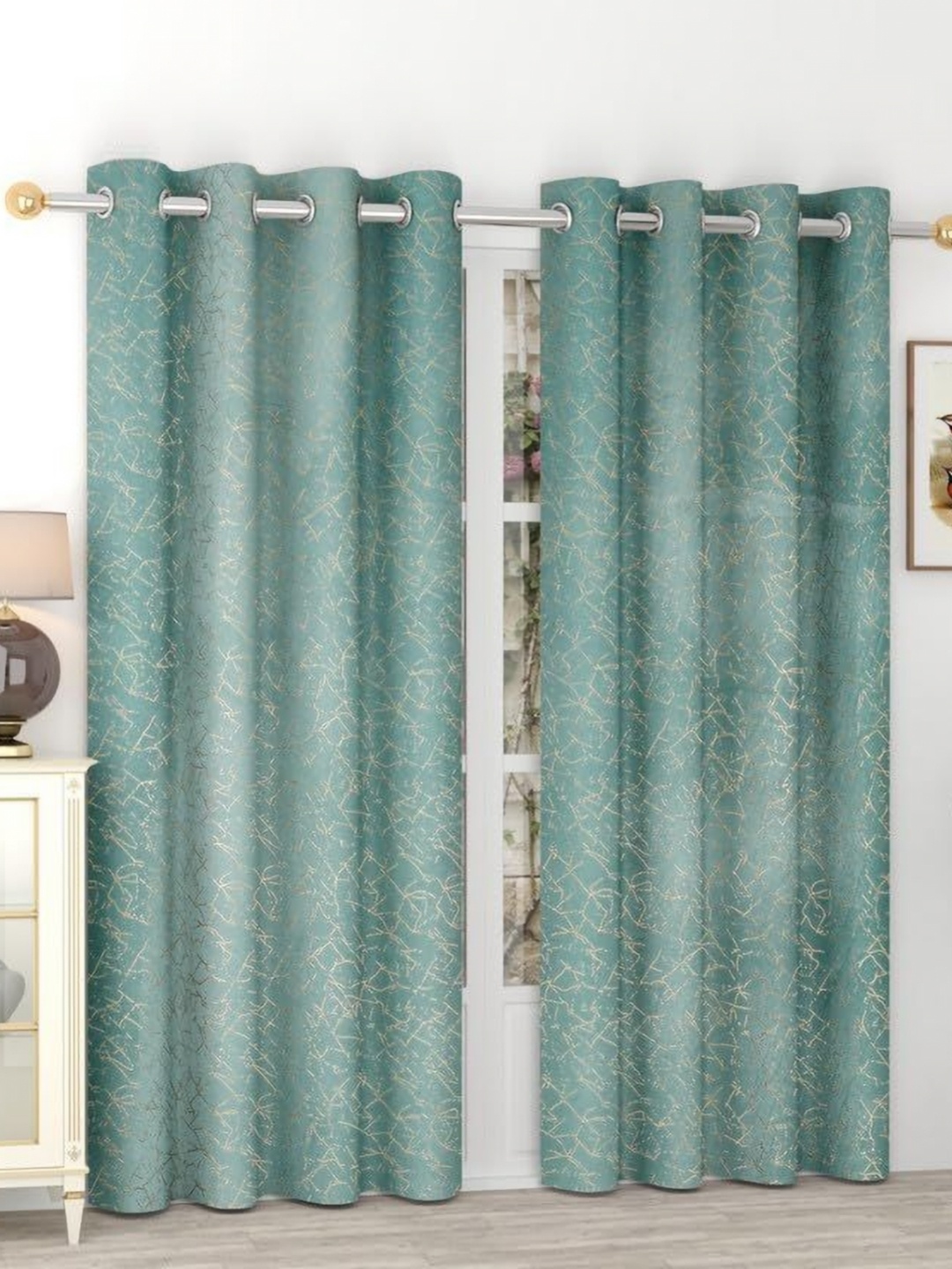 

B' Decorlish Blue & Gold Toned 2 Pieces Printed Velvet Room Darkening Long Door Curtains