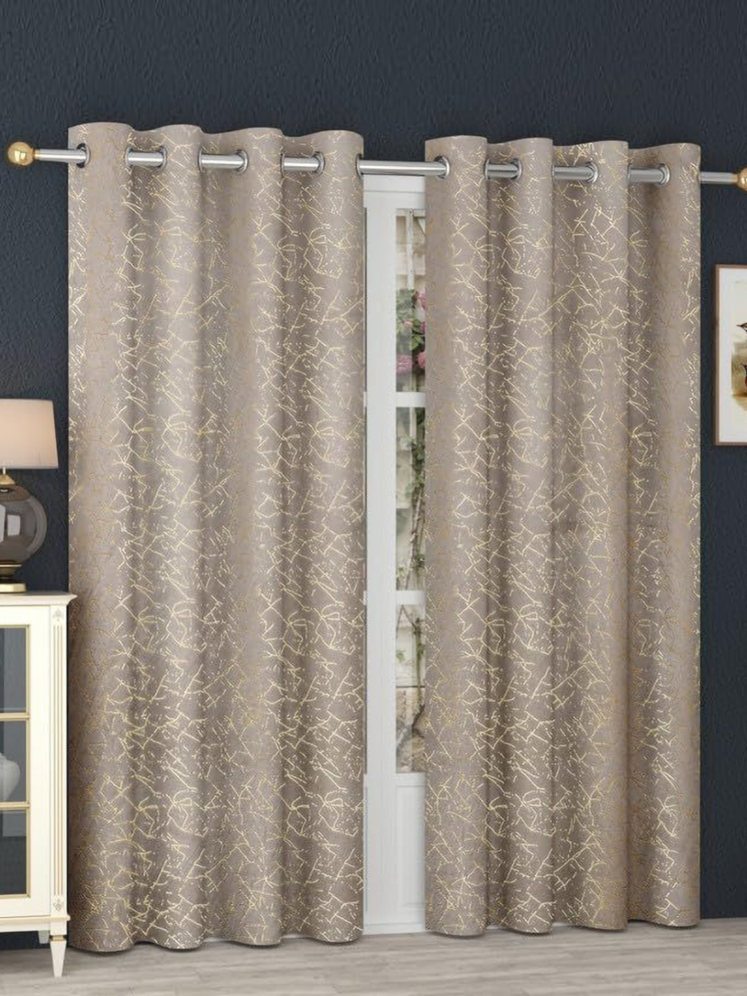 

B' Decorlish Grey & Gold Toned 2 Pieces Printed Velvet Room Darkening Long Door Curtains, Brown
