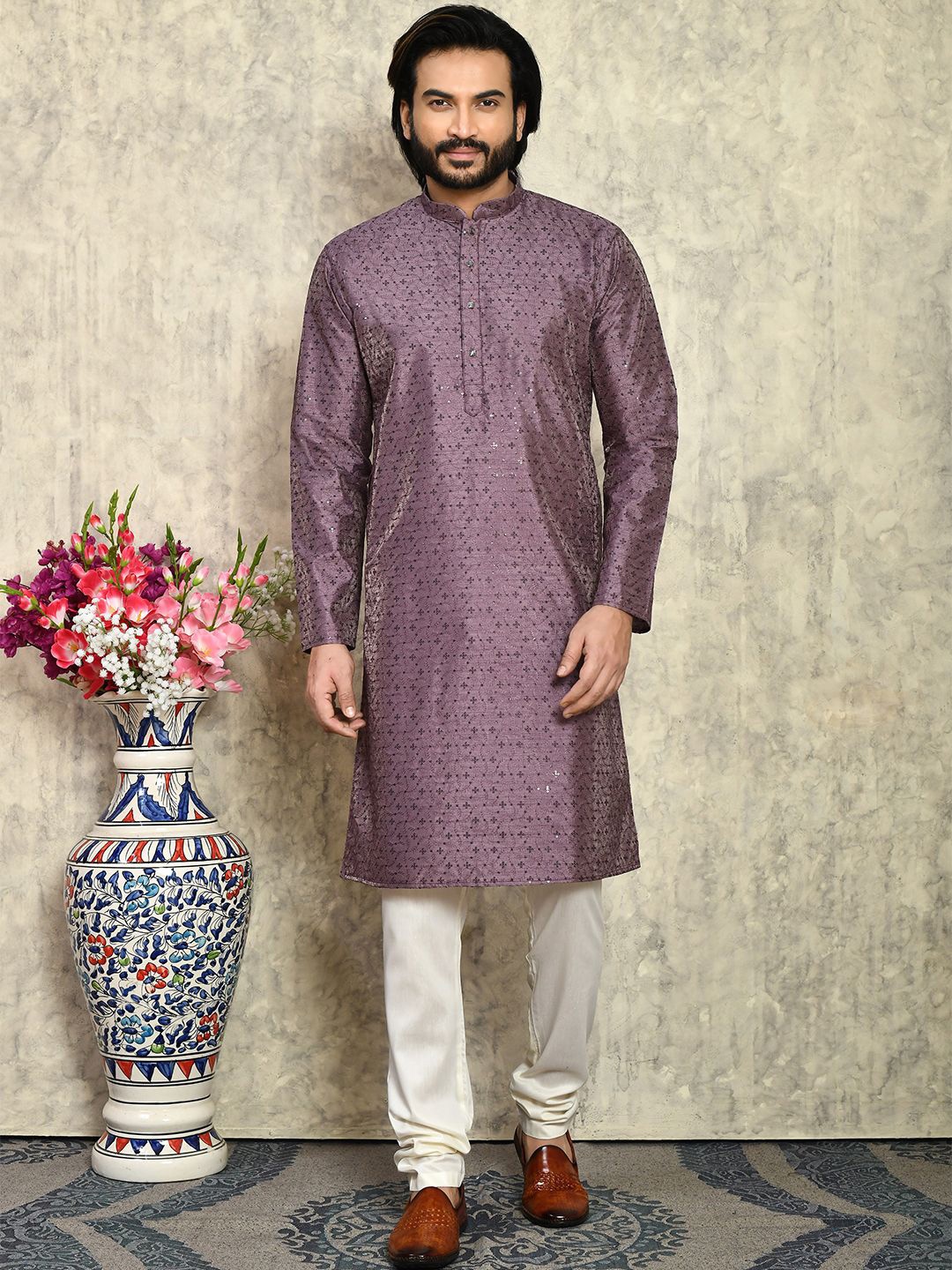 

RANAK Men Thread Work Kurta, Purple