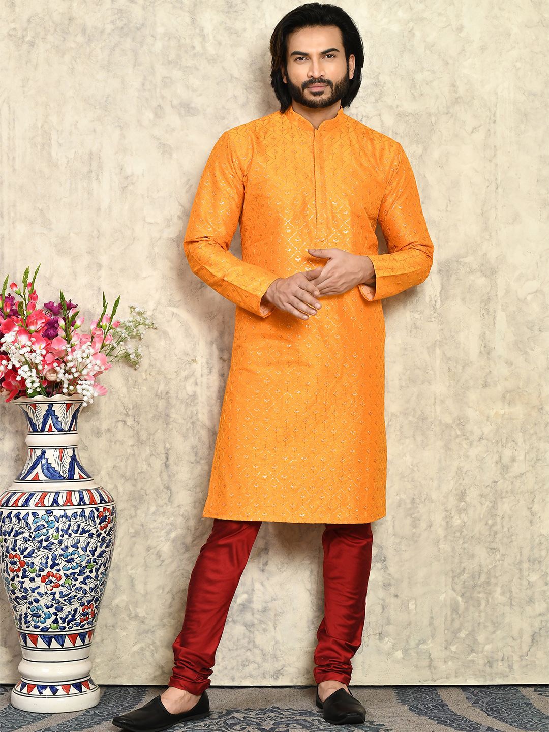 

RANAK Geometric Embroidered Mandarin Collar Art Silk Sequinned Straight Kurta, Orange
