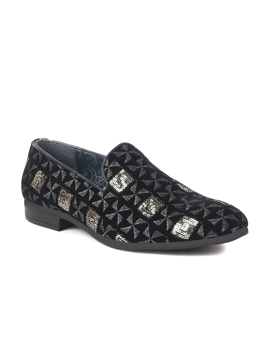 

FAUSTO Men Printed Velvet Mojaris, Black