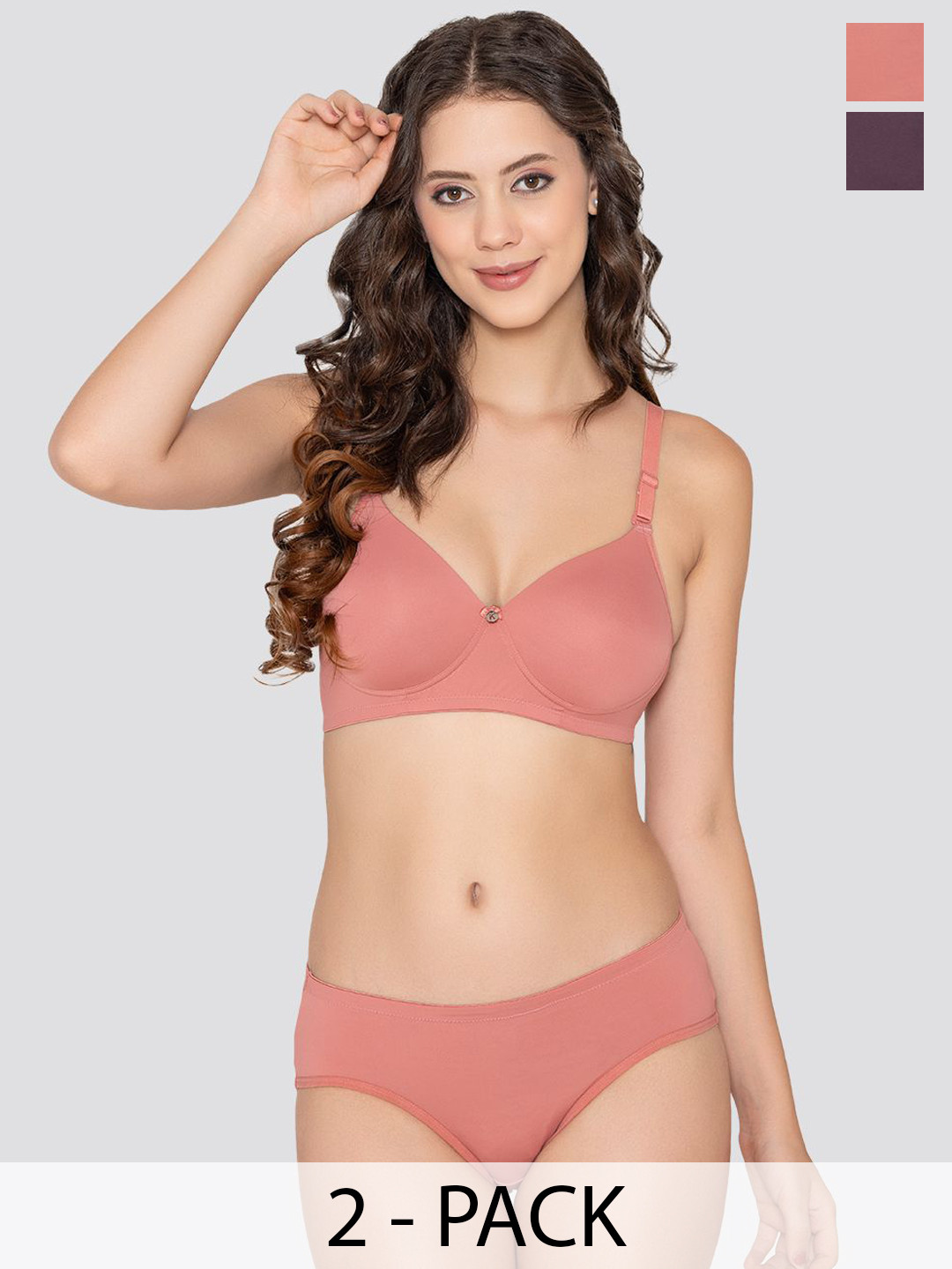 

K LINGERIE Pack of 2 Della Super Stretchable Everyday Padded Lingerie Set, Pink