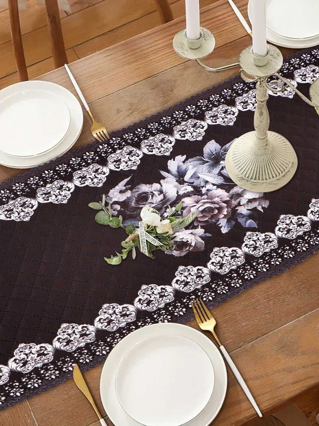 

Dakshya Industries Black & Purple Floral Printed Table Runner