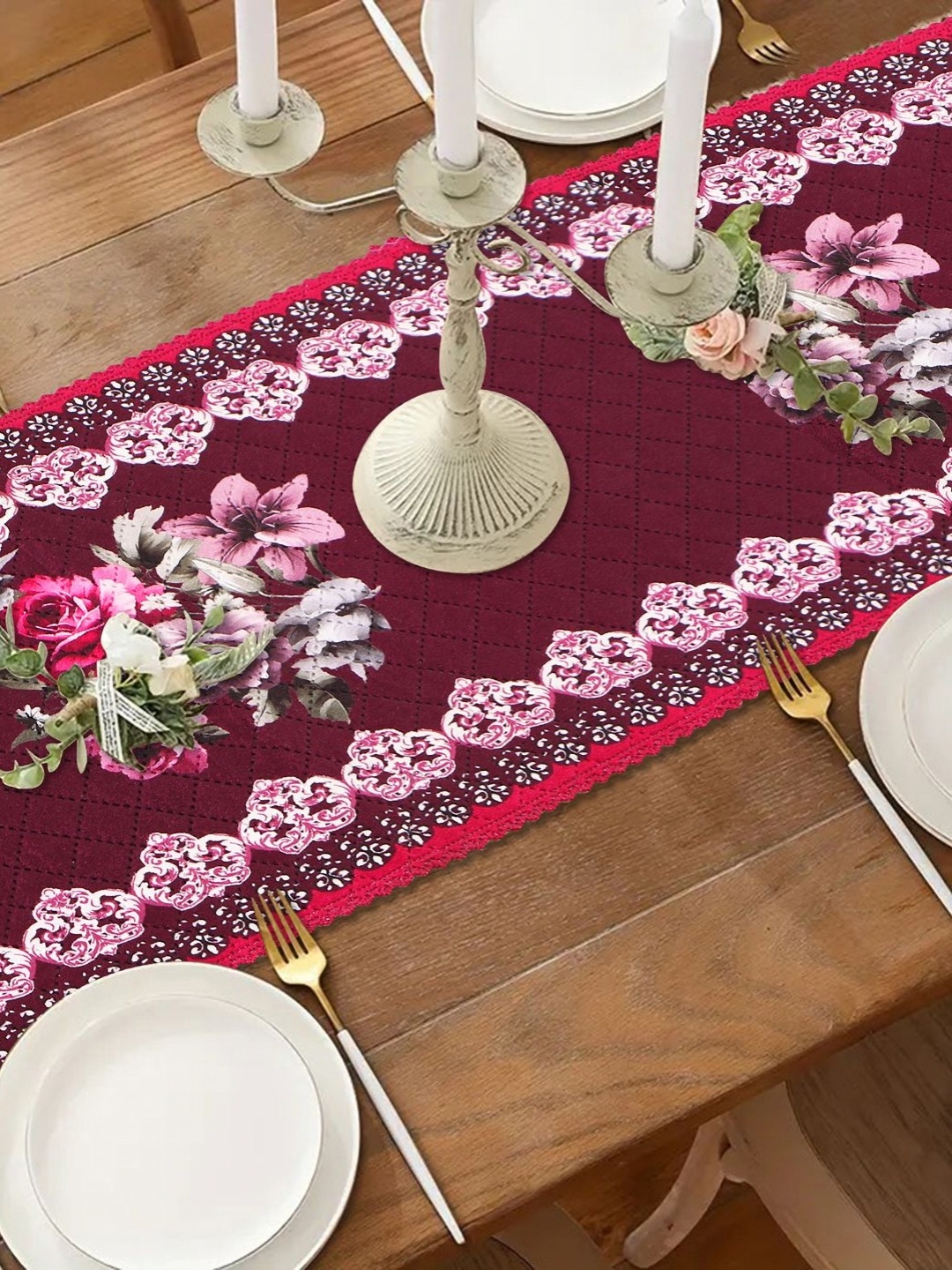 

Dakshya Industries Maroon & Pink Floral Printed Table Runner