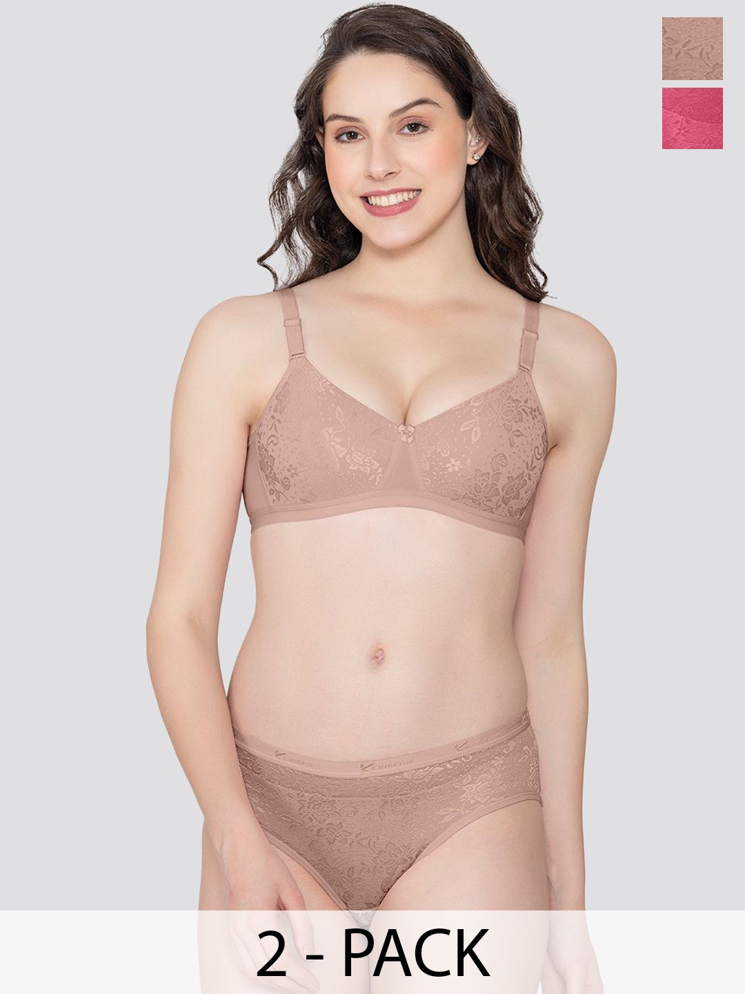 

K LINGERIE Pack of 2 Molly Padded Lace Embroidered Lingerie Set, Brown