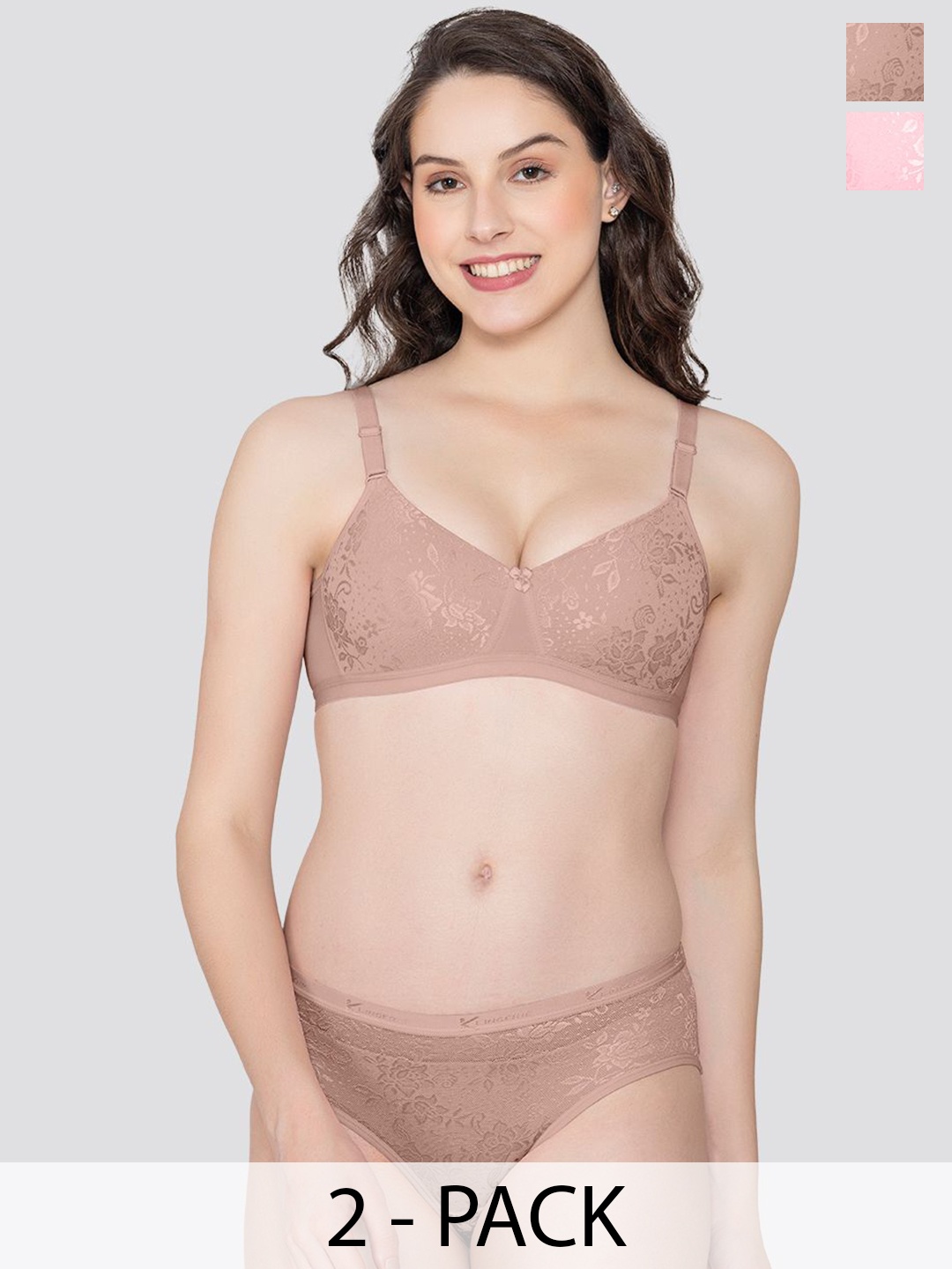 

K LINGERIE Pack of 2 Molly Padded Lace Embroidered Lingerie Set, Beige
