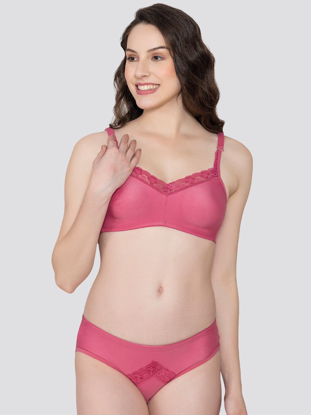 

K LINGERIE Zuri Everyday Lingerie Set with Lace Neckline, Pink