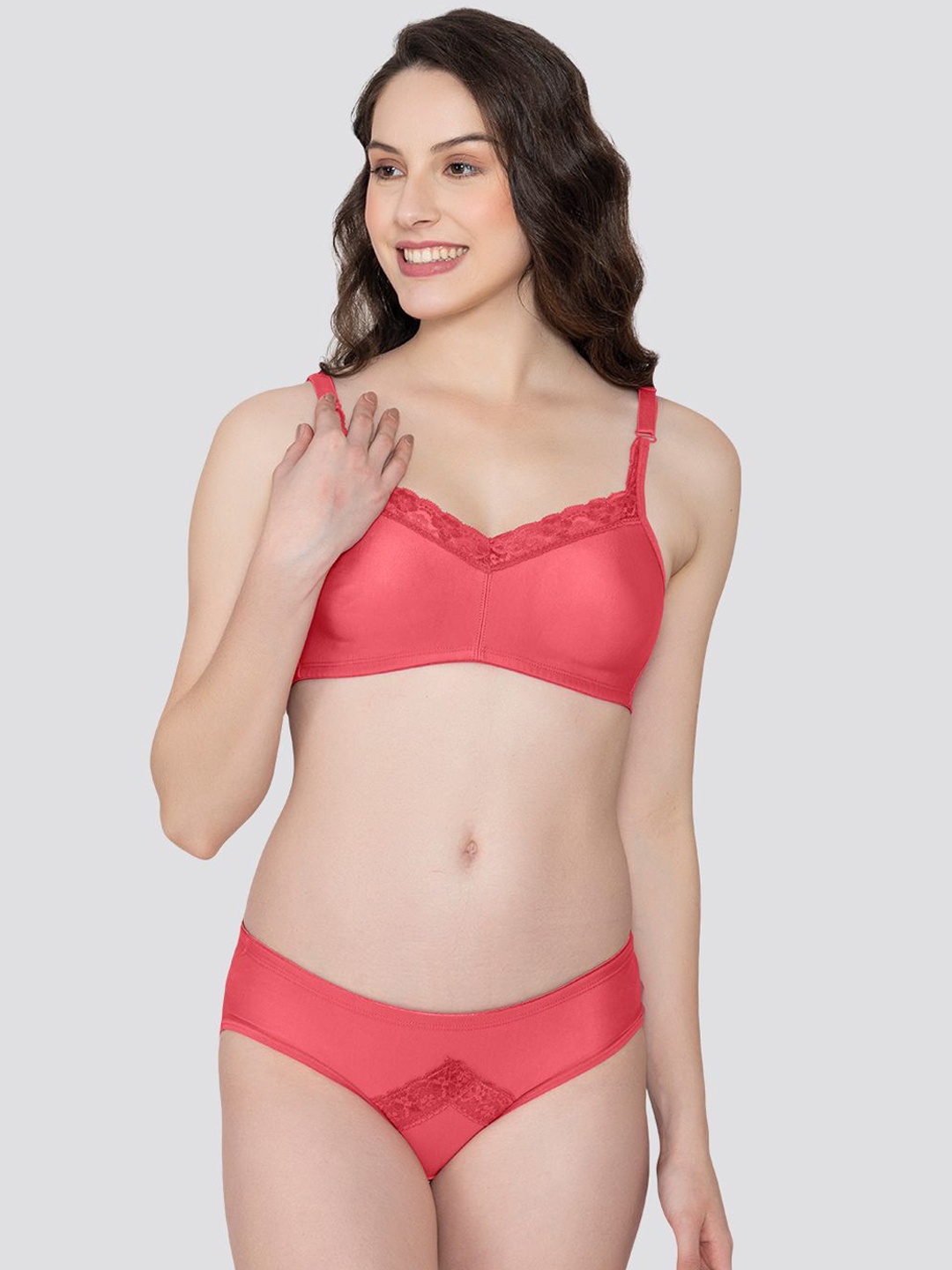 

K LINGERIE Women Zuri Everyday Mid-Rise Lingerie Set with Lace Neckline, Coral