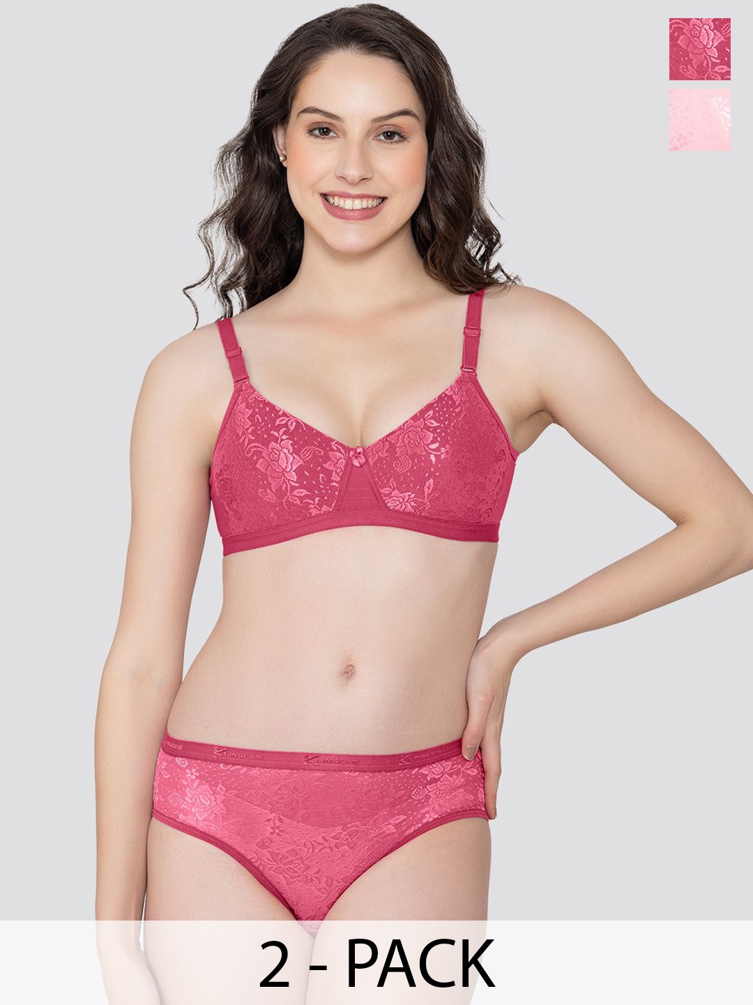 

K LINGERIE Pack of 2 Molly Padded Lace Embroidered Lingerie Set, Pink