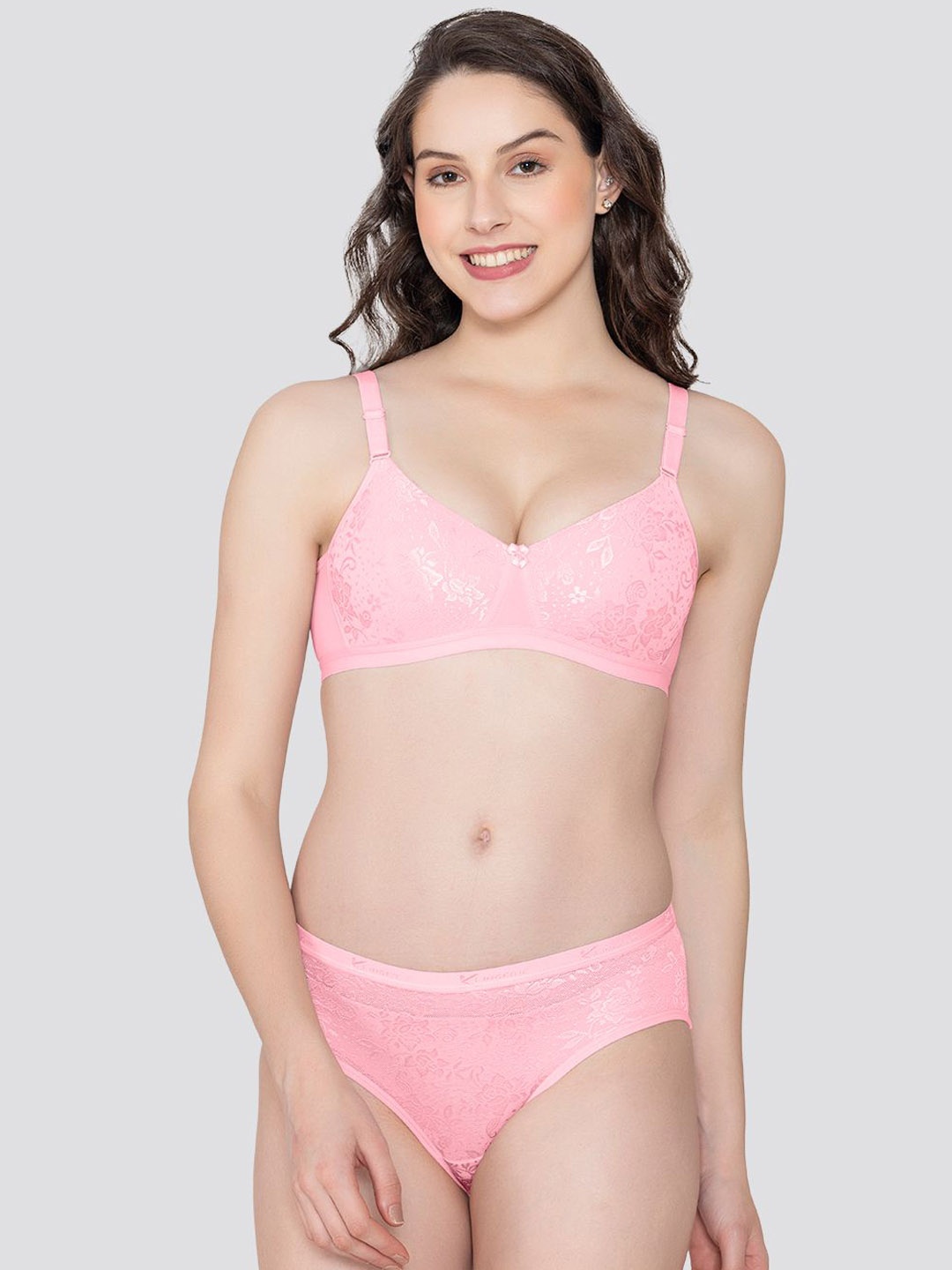 

K LINGERIE Pack of 2 Molly Padded Lace Embroidered Lingerie Set, Pink