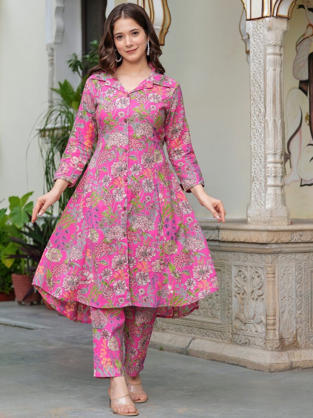 

Jollity Floral Printed Shirt Collar A-Line Kurta With Trouser, Pink