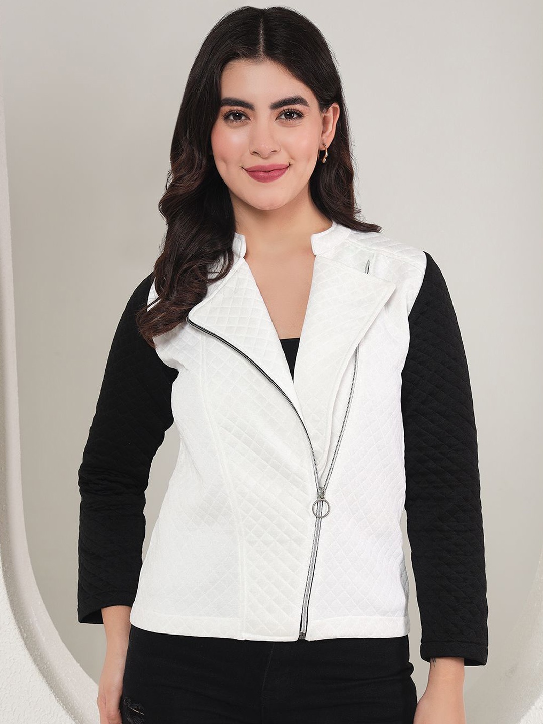 

BAESD Women Lapel Collar Self Design Casual Lightweight Biker Jacket, White