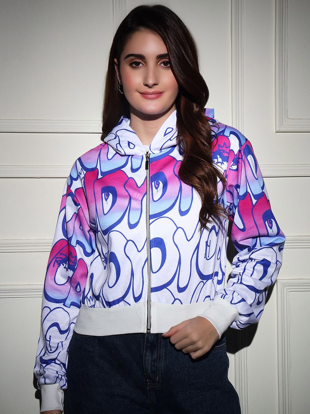 

BAESD Women Hooded Typography Printed Casual Lightweight Bomber Jacket, White