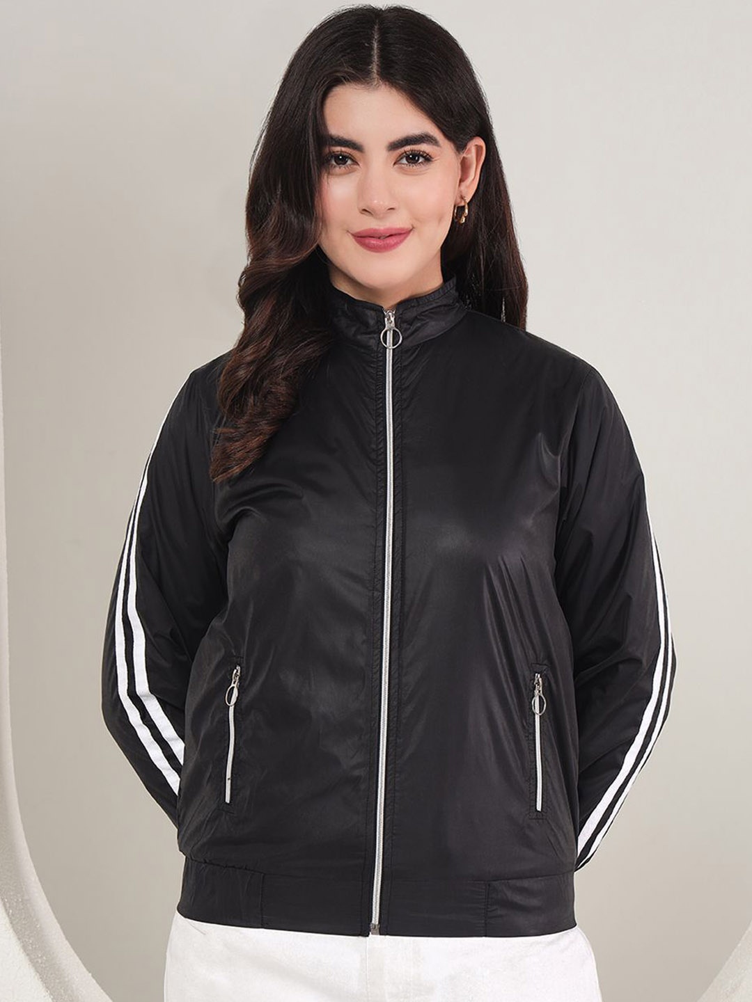 

BAESD Women Mock Collar Striped Casual Lightweight Bomber Jacket, Black