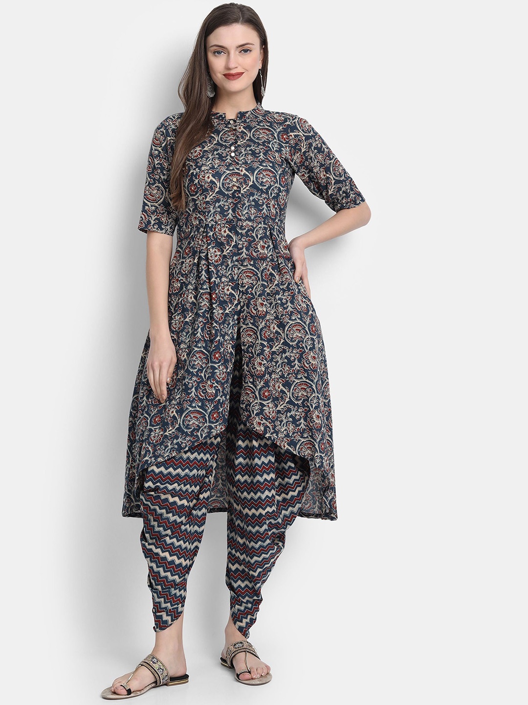 

KUMARI Floral Printed Band Collar Pure Cotton Kurta With Dhoti Pants, Navy blue