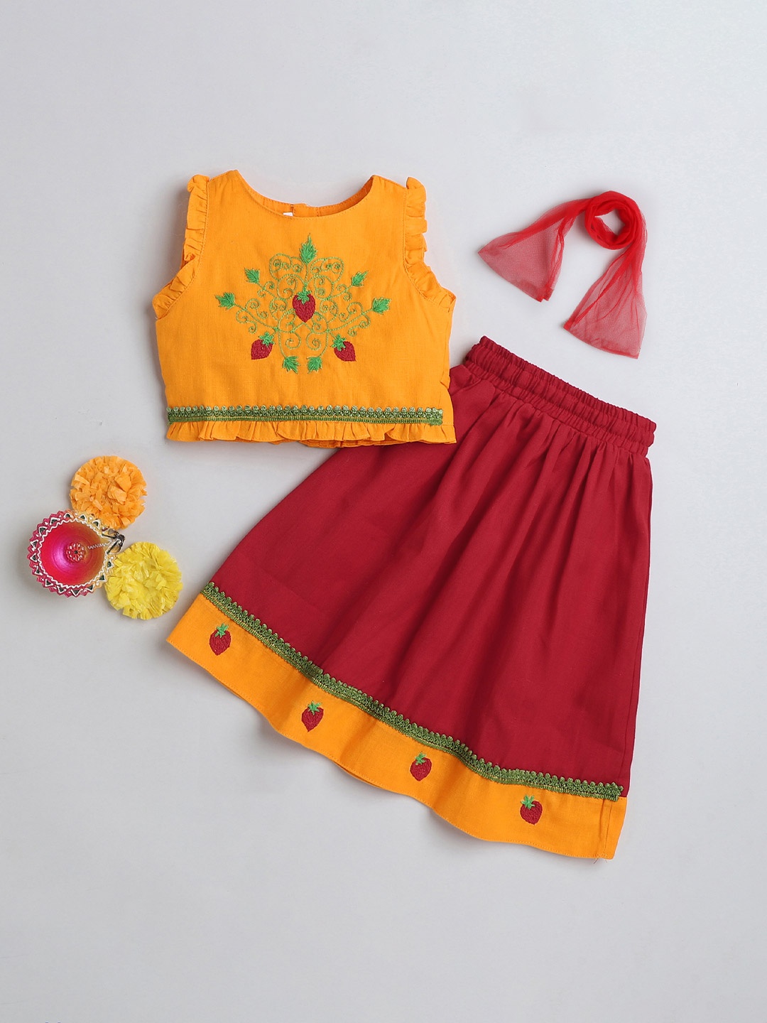 

MANY FROCKS & Girls Embroidered Cotton Ready to Wear Lehenga & Blouse With Dupatta, Red