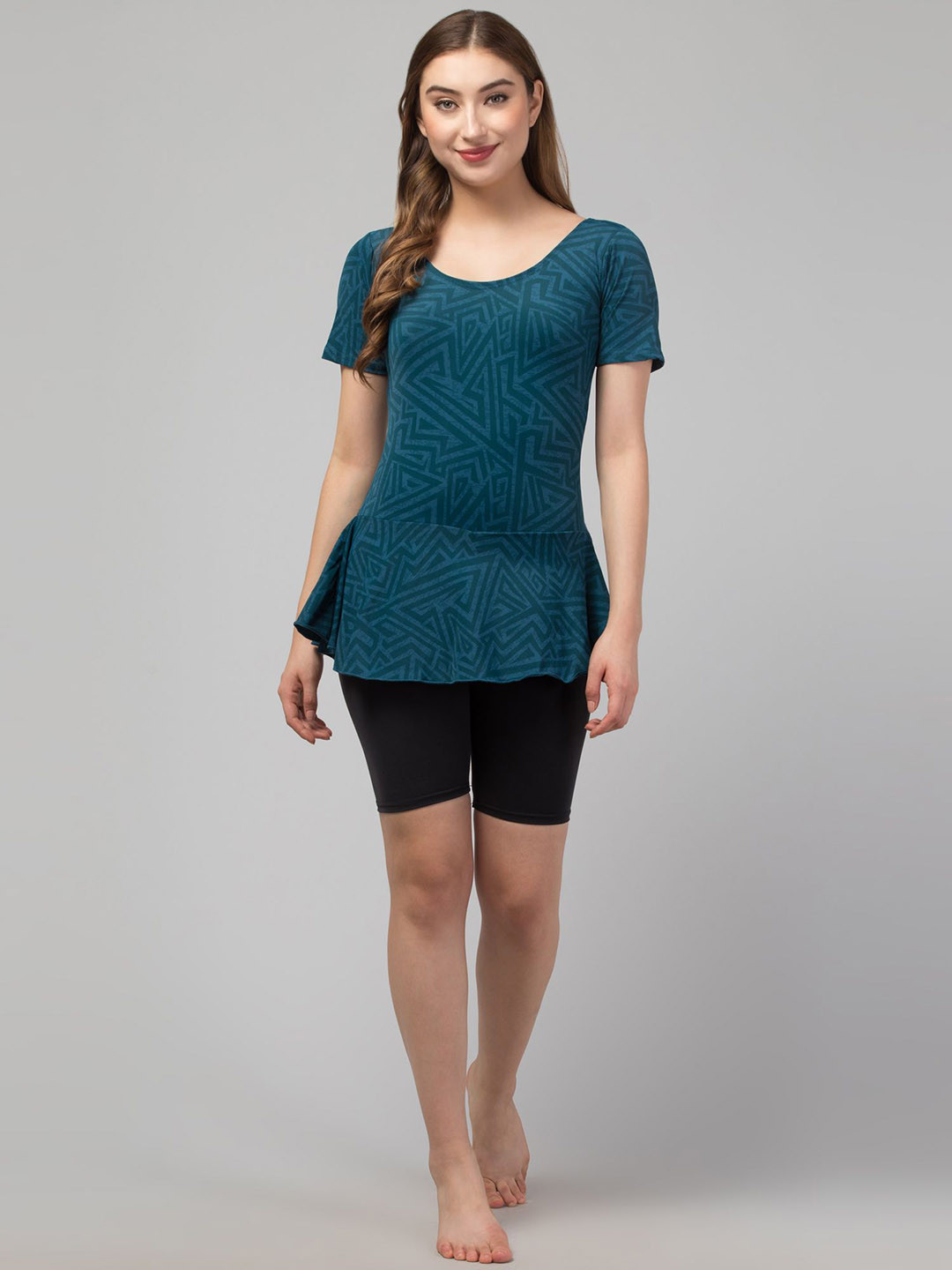 

CKARFE Printed Round Neck Swimming Dress With Attached Shorts, Blue