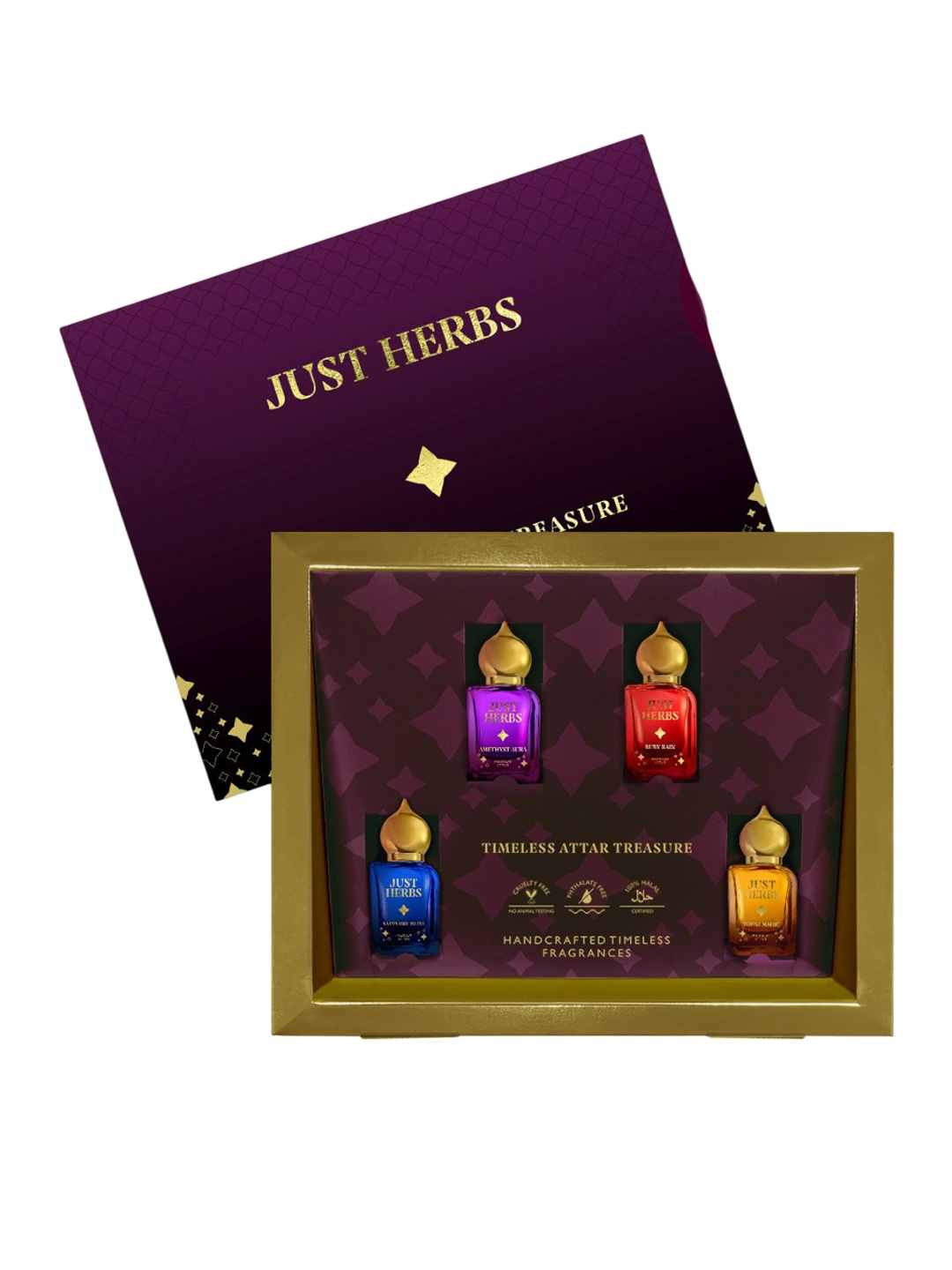 

Just Herbs Set Of 4 Timeless Treasure Handcrafted Non Alcoholic Attar - 10 ml Each, Transparent