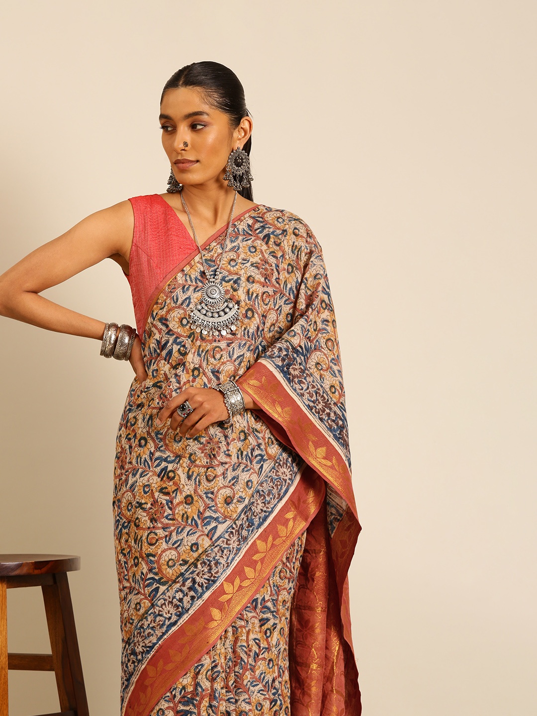 

Taavi Floral Block Print Pure Cotton Saree, Rust