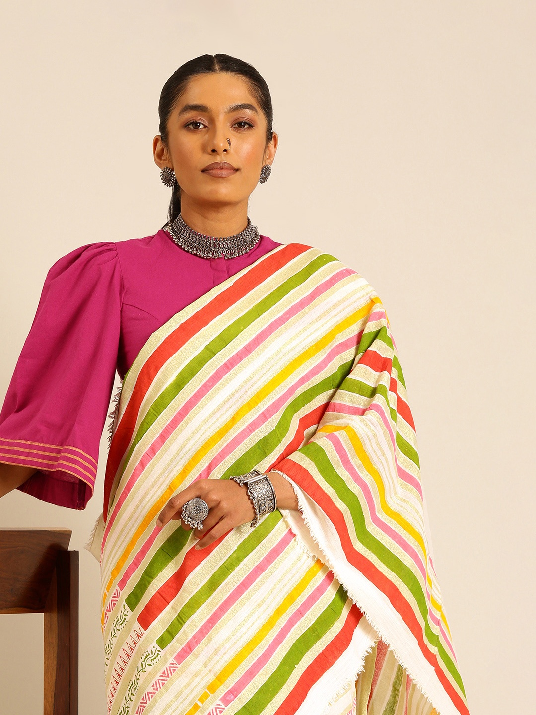 

Taavi Striped Pure Cotton Block Print Saree, Pink