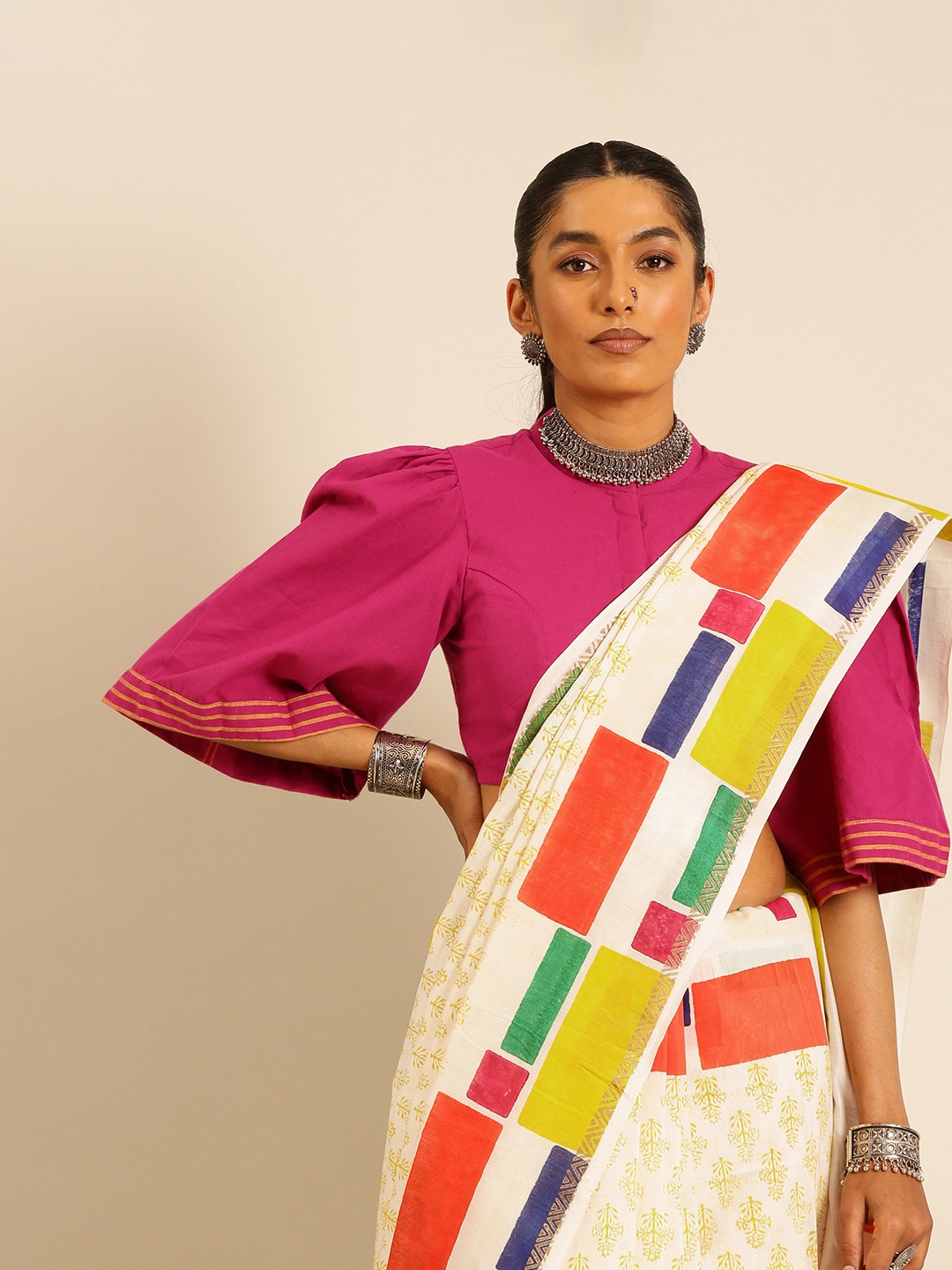 

Taavi Floral Printed Silk Cotton Chanderi Saree, Off white