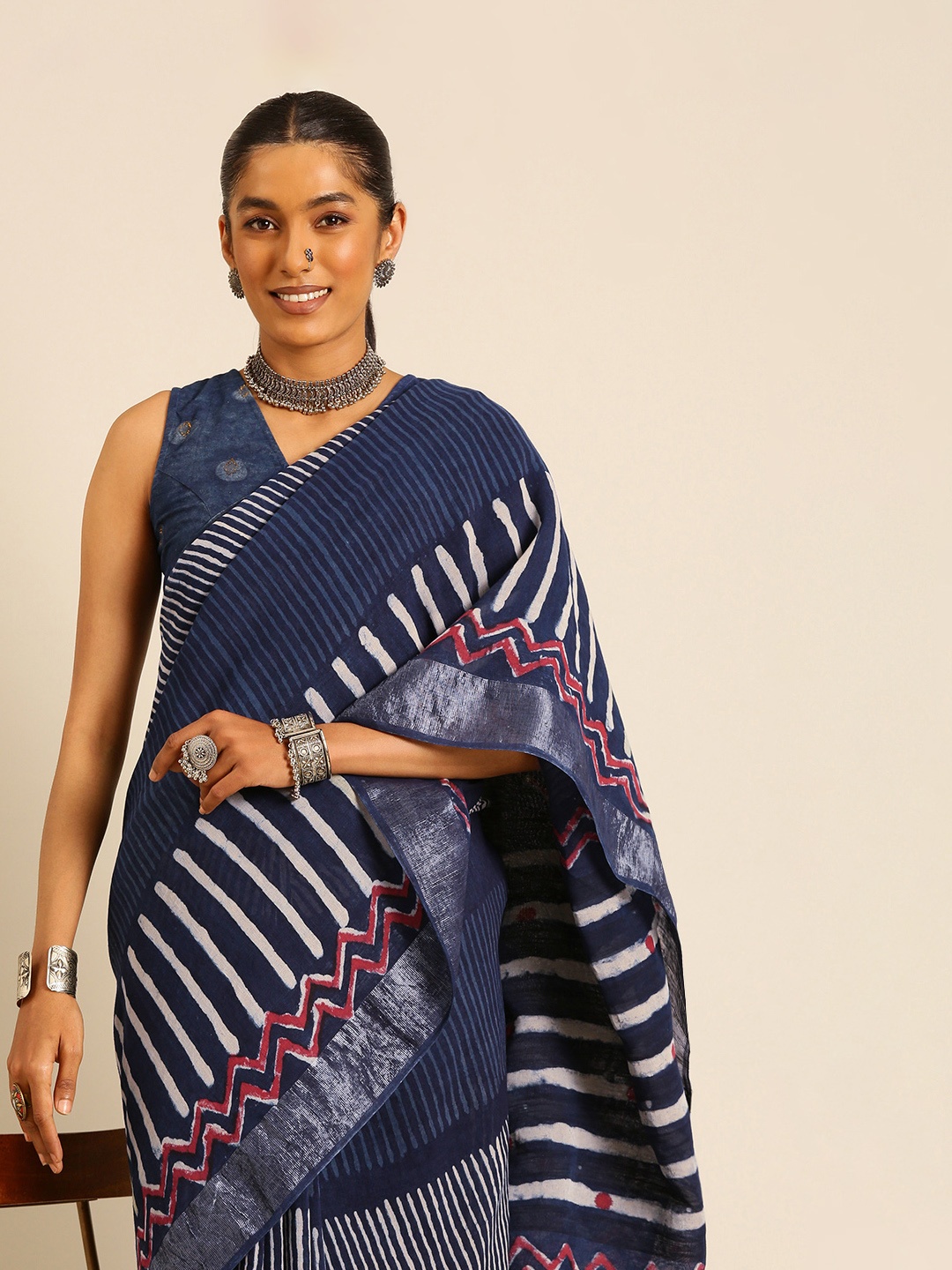 

Taavi Striped Pure Cotton Block Print Saree, Blue