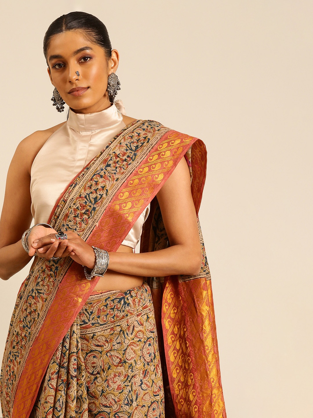 

Taavi Paisley Block Printed Pure Cotton Saree, Beige