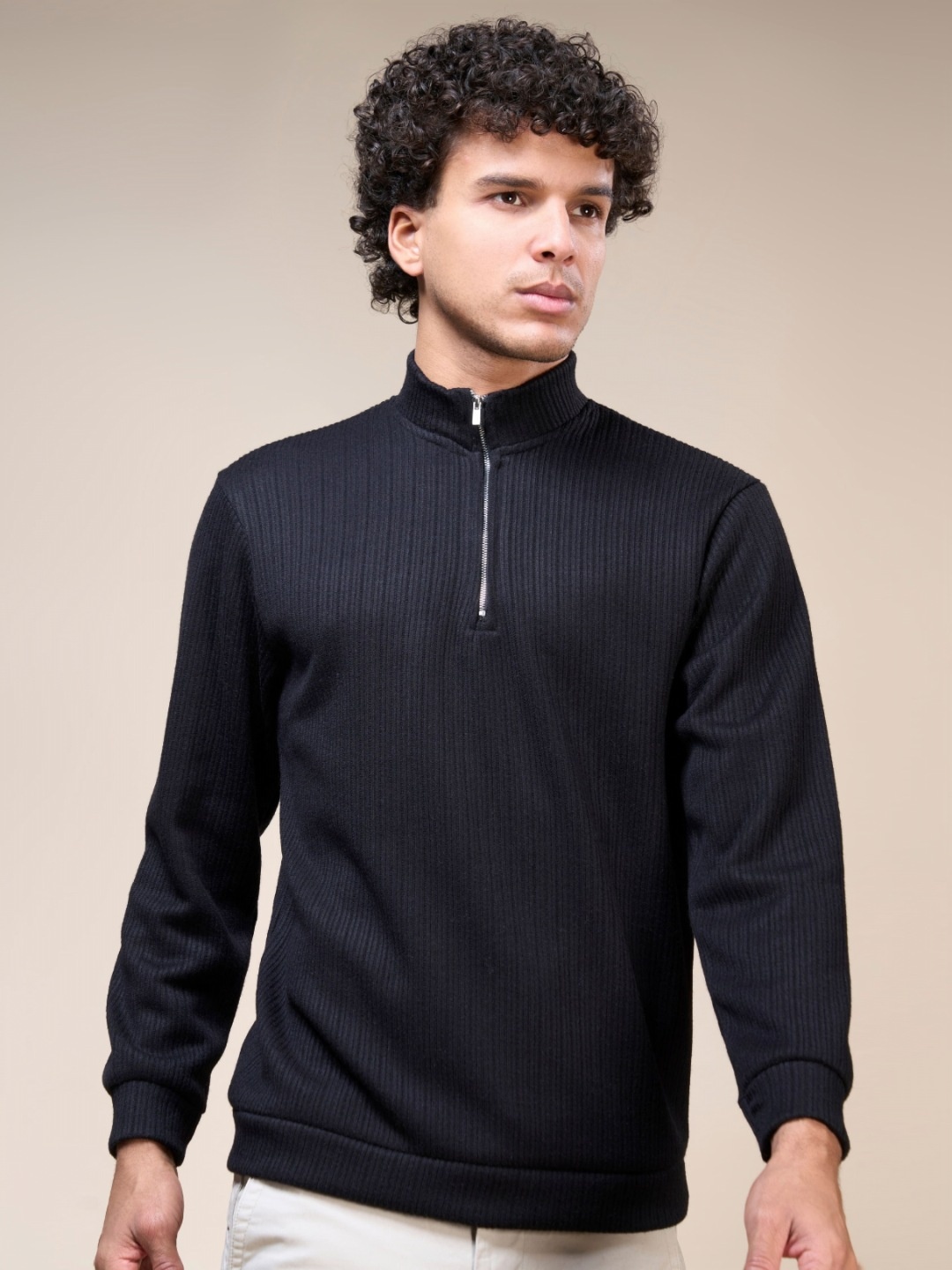 

MAXZONE Men Self Design High Neck Cotton Zipridge T-shirt, Black
