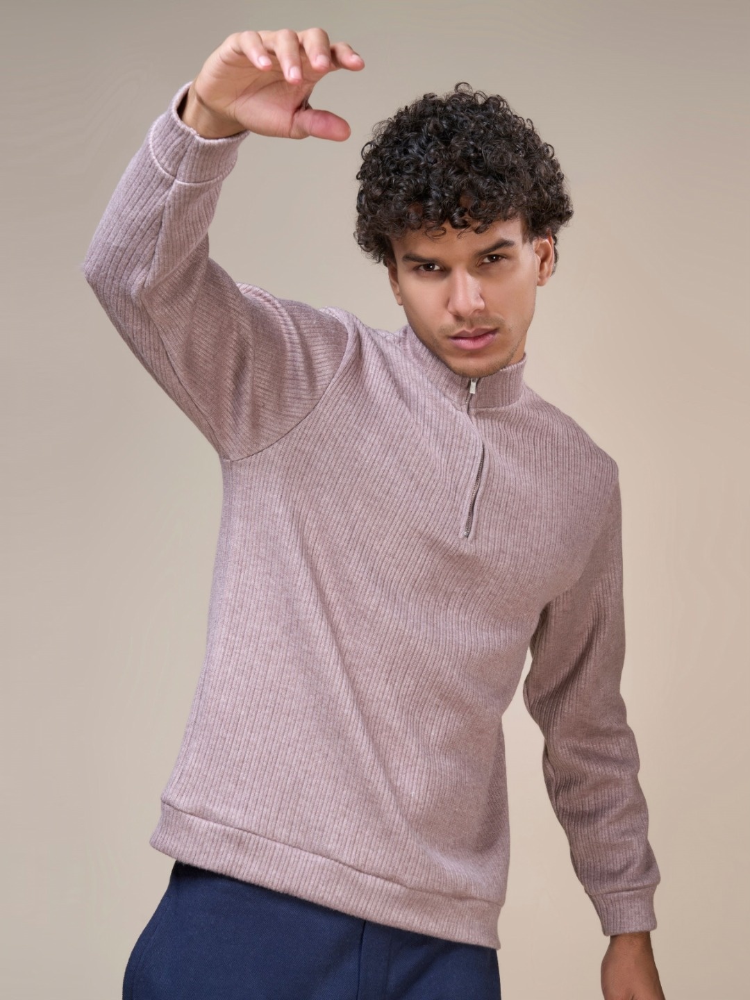 

MAXZONE Men Self Design High Neck Cotton Zipridge T-shirt, Mauve