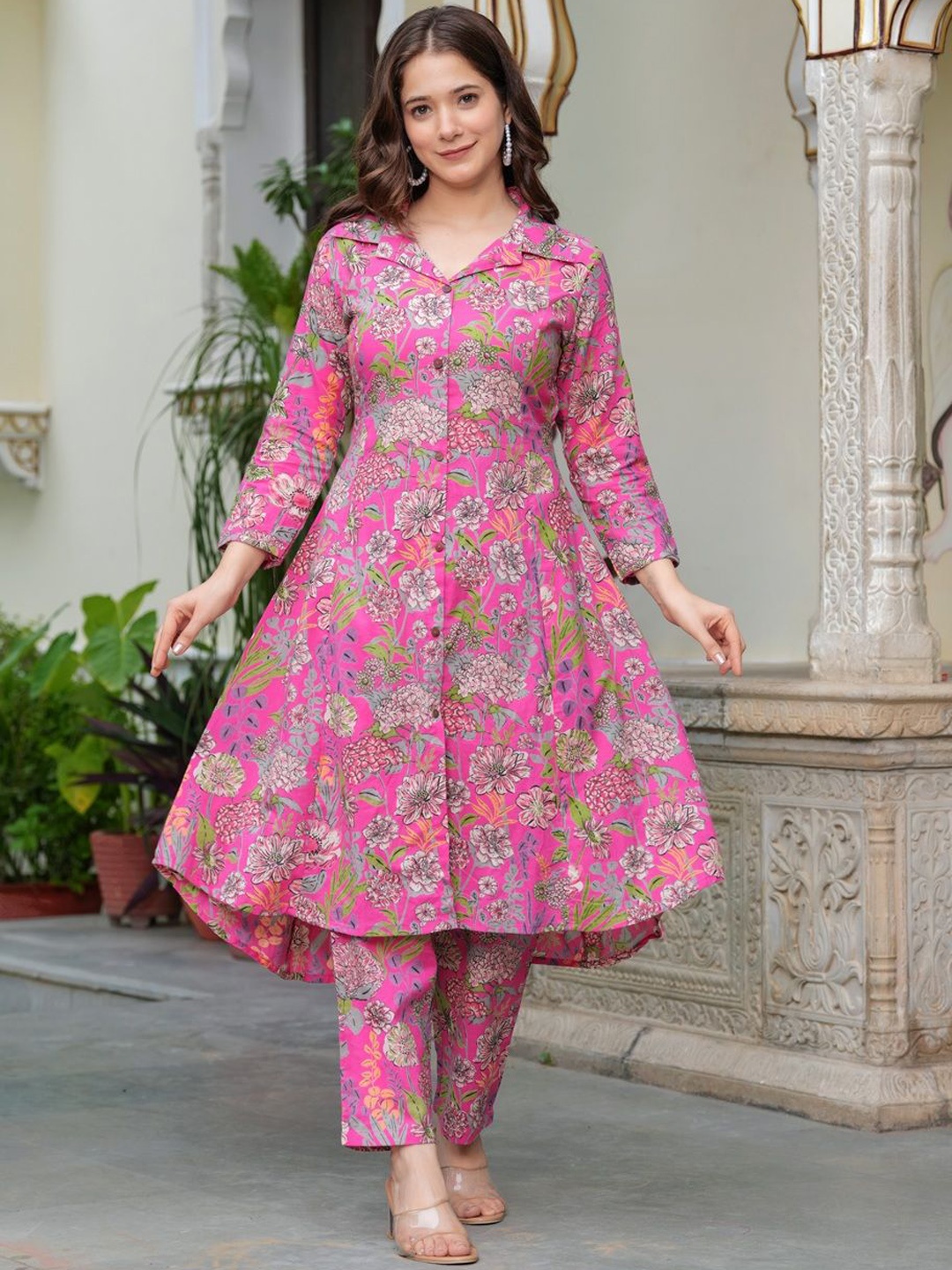 

Jollity Floral Printed Shirt Collar A-Line Kurta With Trouser, Pink