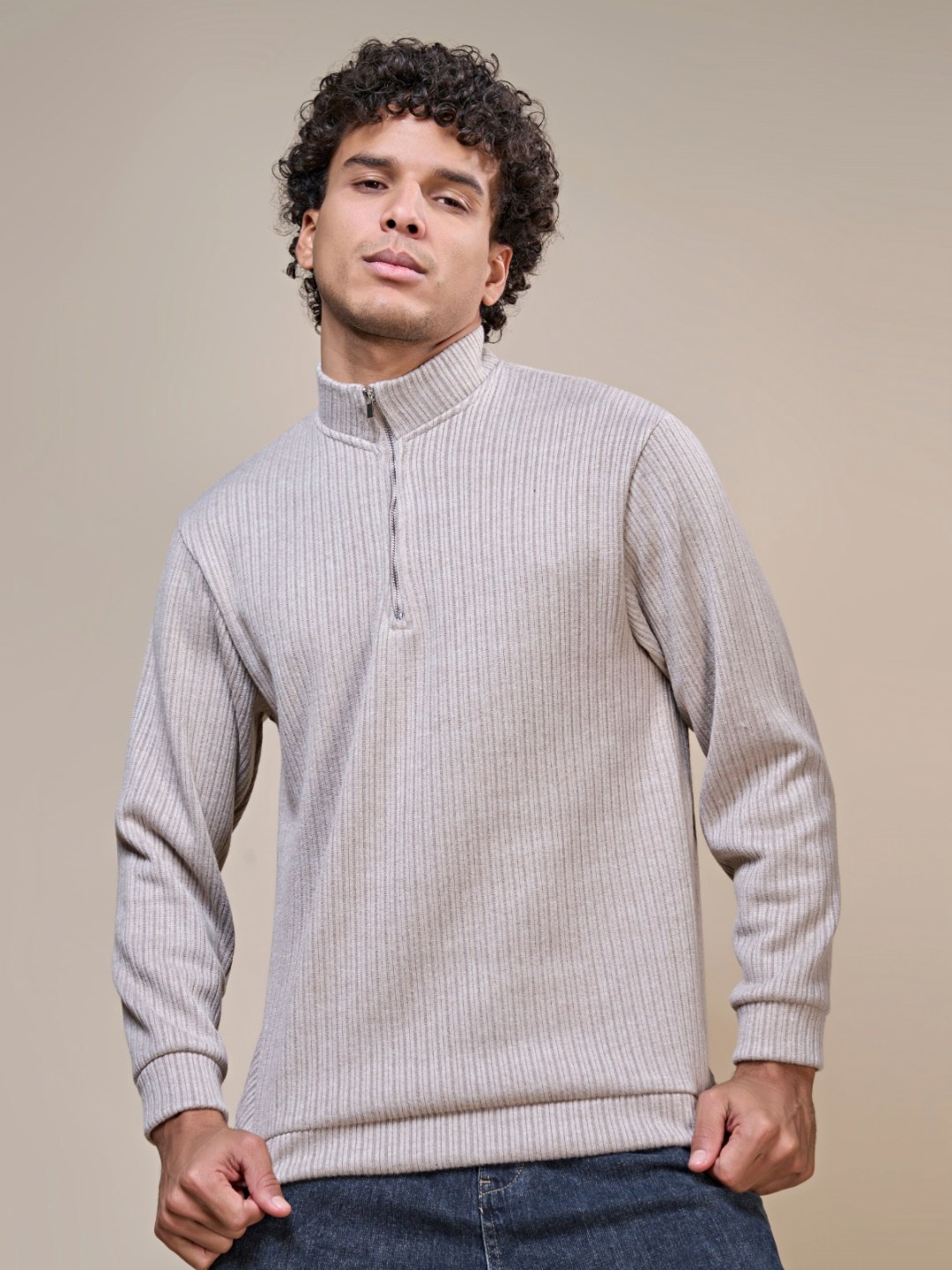 

MAXZONE Men Zipridge Solid Mock Collar Cotton Ribbed Sweatshirt, Grey