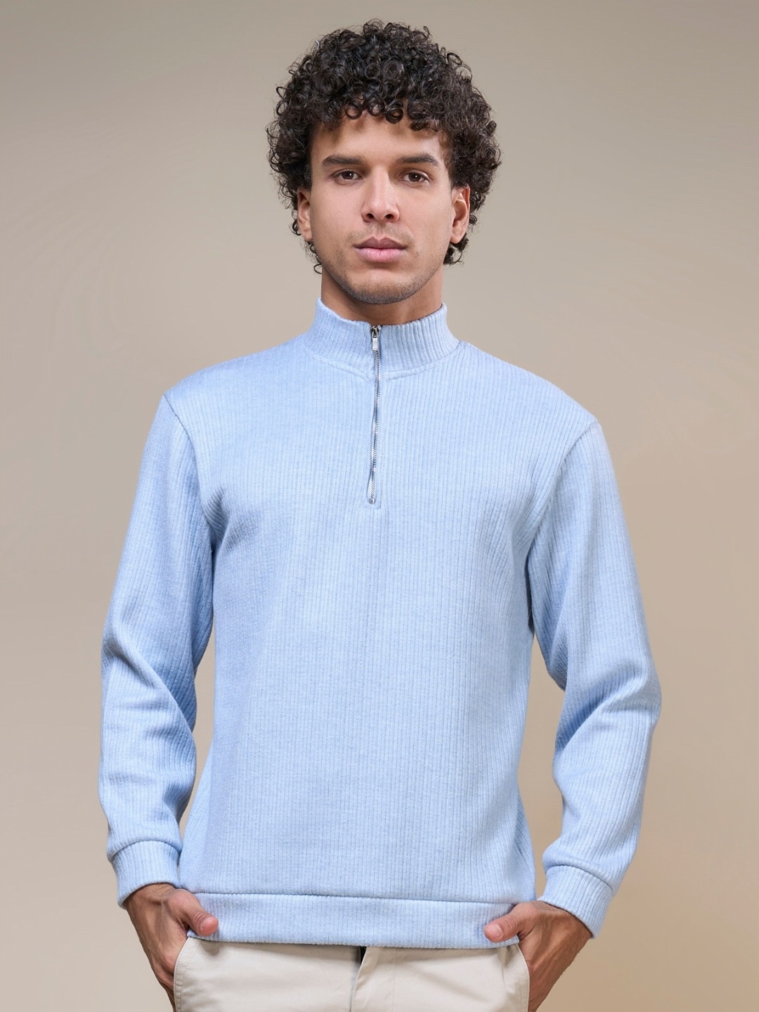 

MAXZONE Men Self Design High Neck Cotton Zipridge T-shirt, Blue