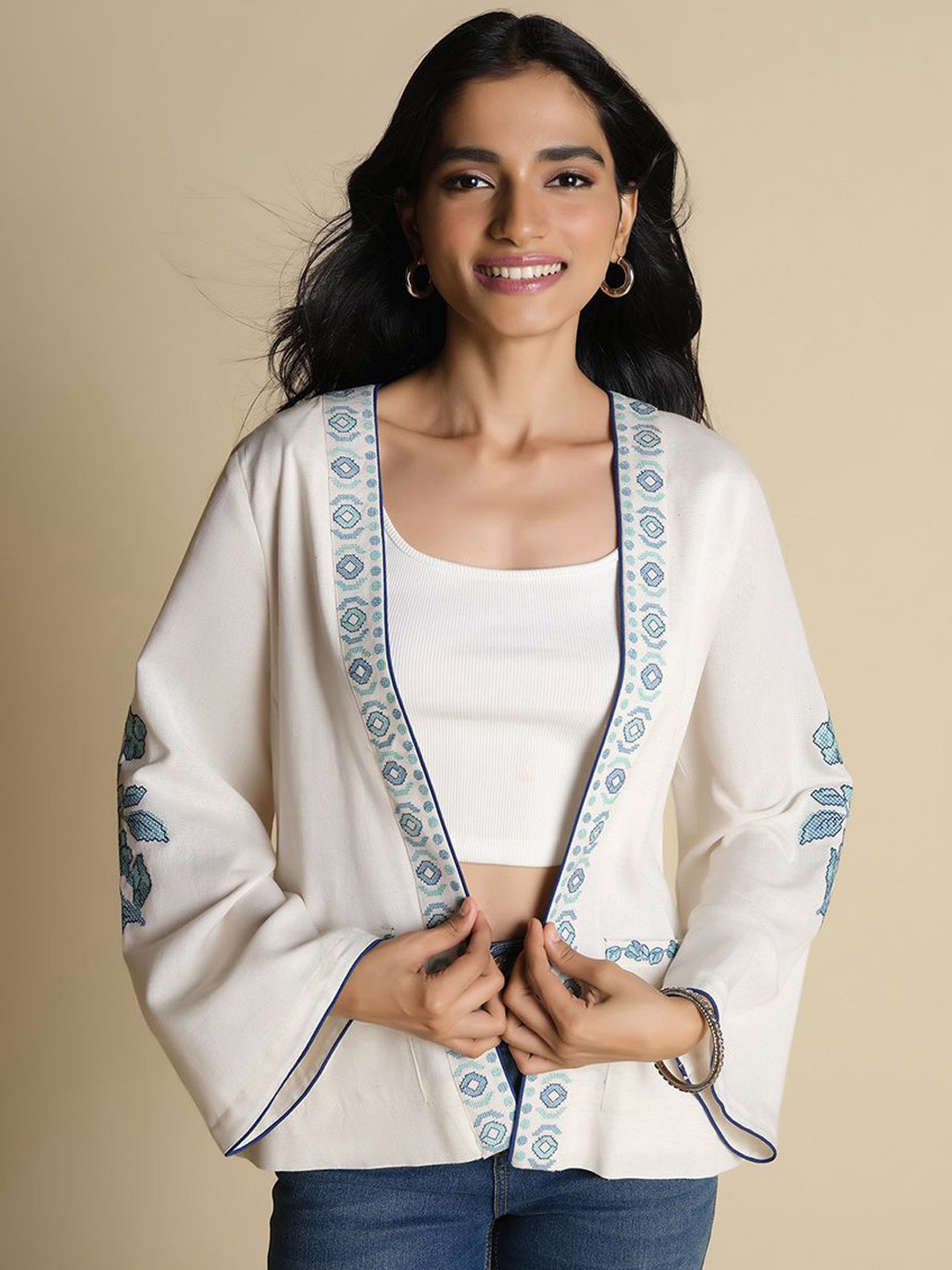 

Global Desi Women Floral Printed Open Front Jacket, Peach