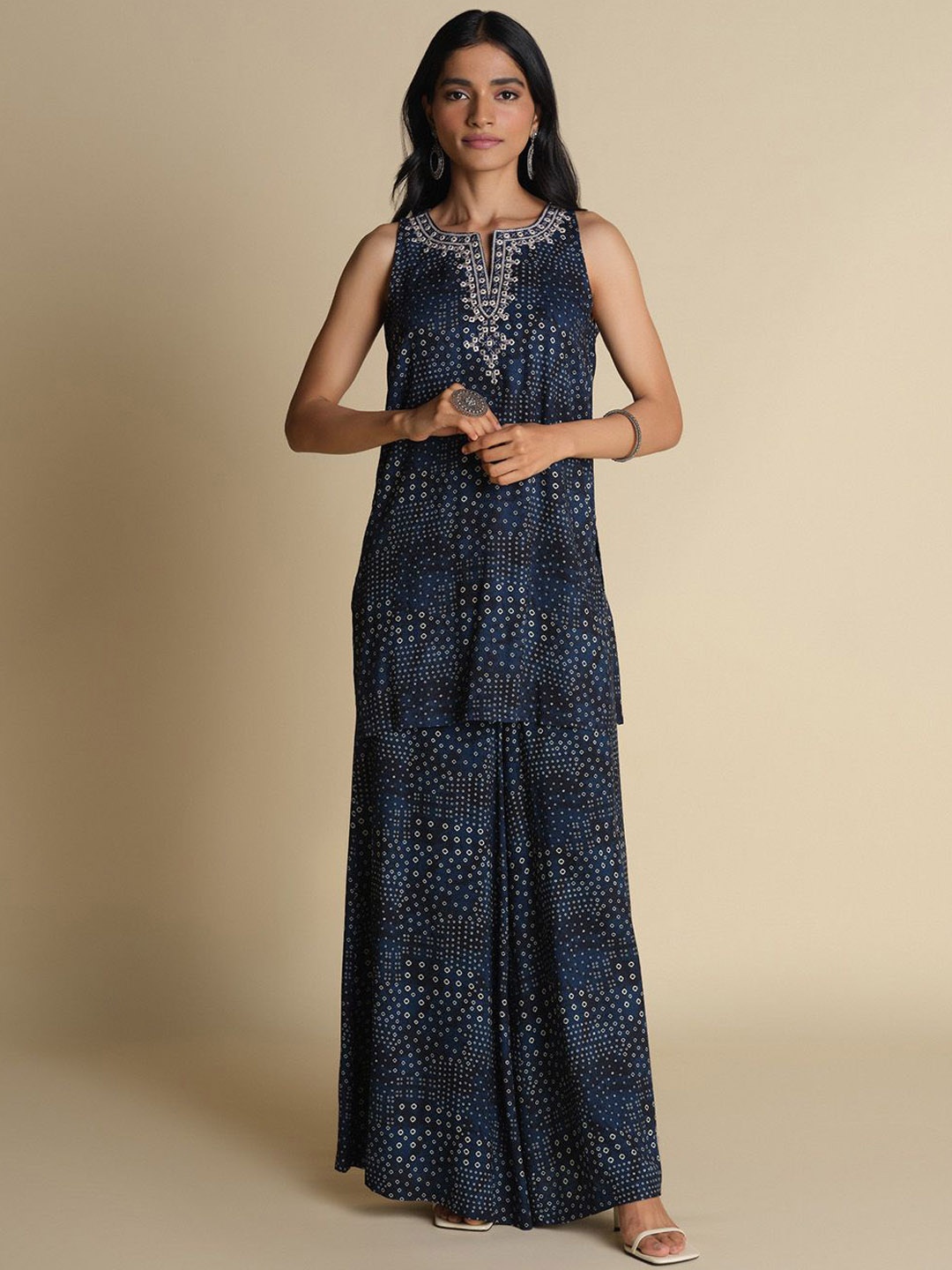

Global Desi Bandhani Printed Thread Work Kurta With Skirt, Navy blue