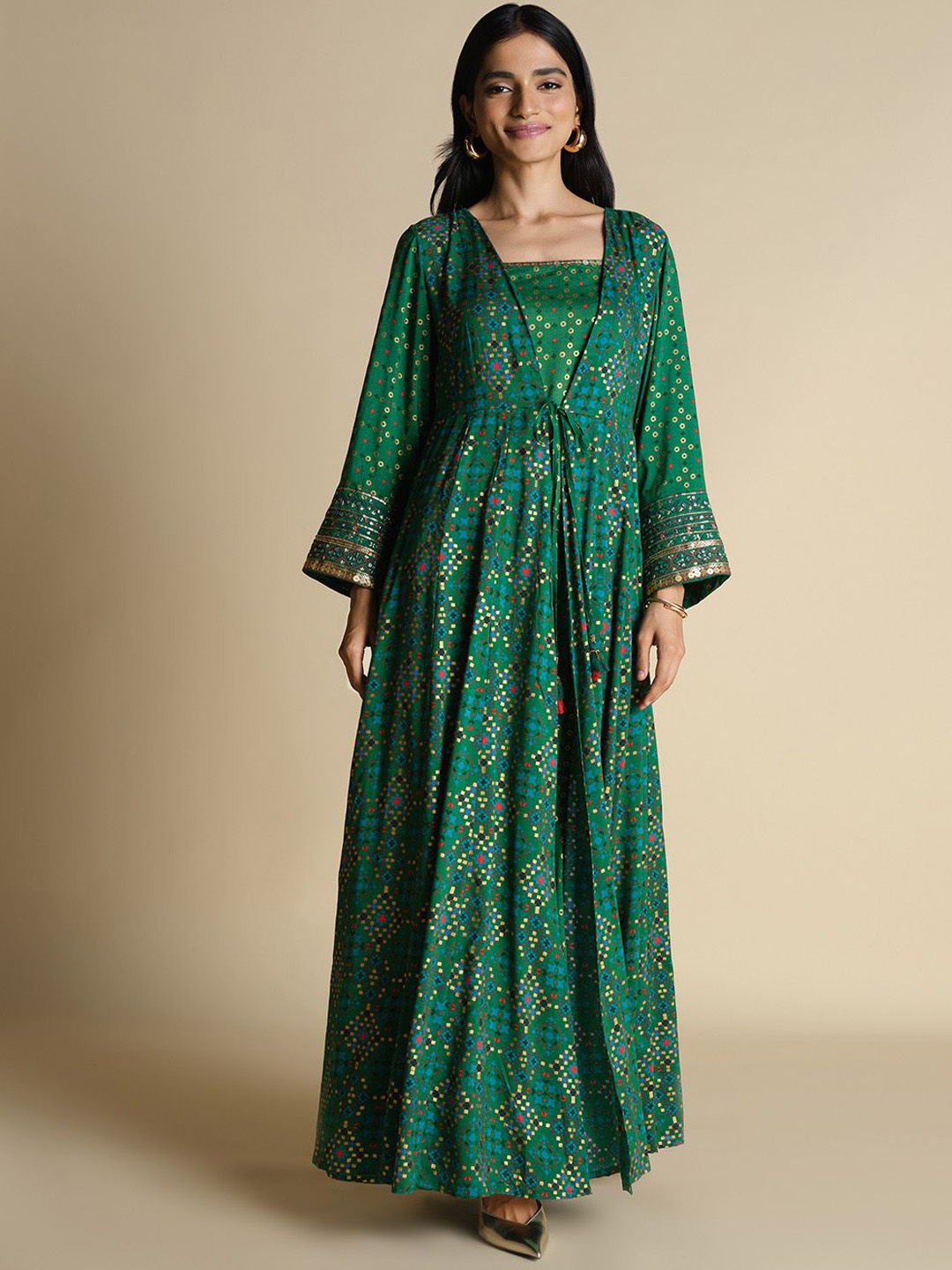 

Global Desi Printed Flared Maxi Ethnic Dresses, Green